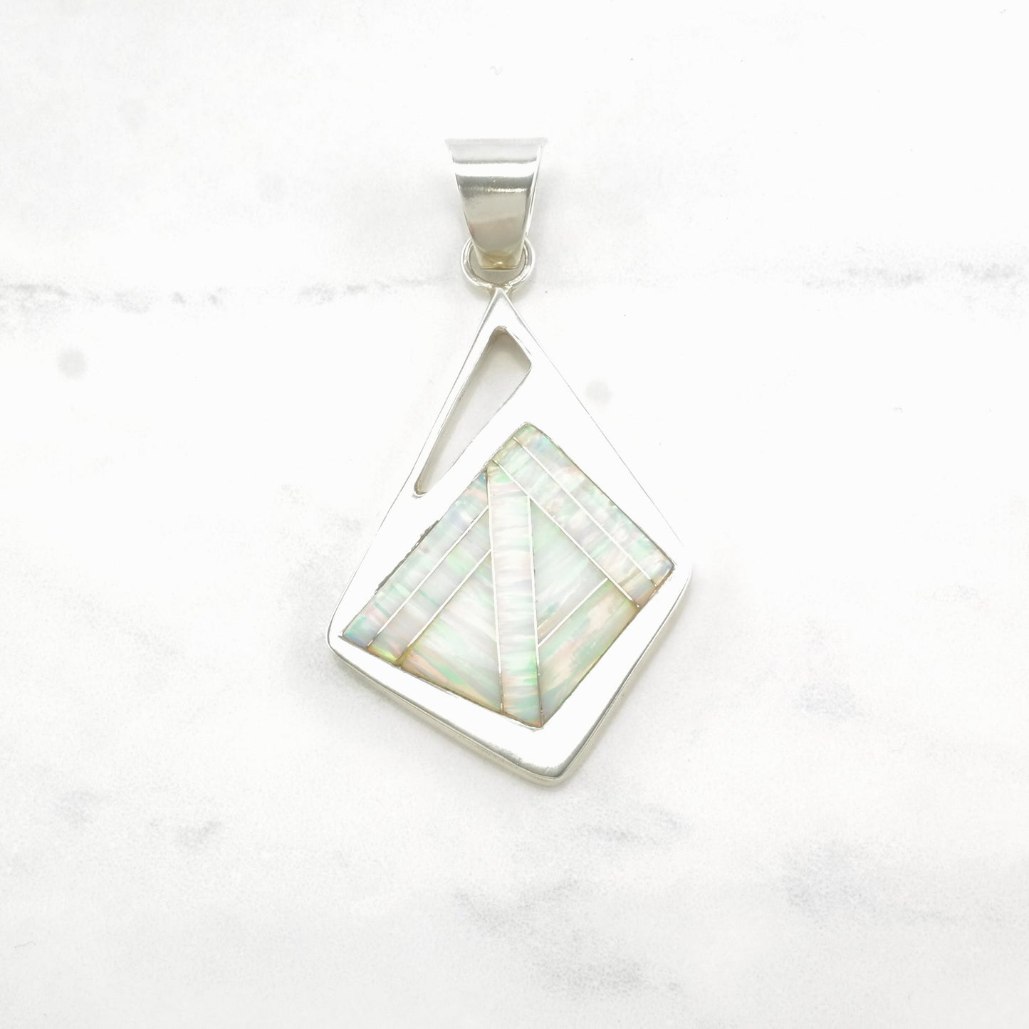 Vintage Lab Opal, Inlay Modernist Sterling Silver Pendant