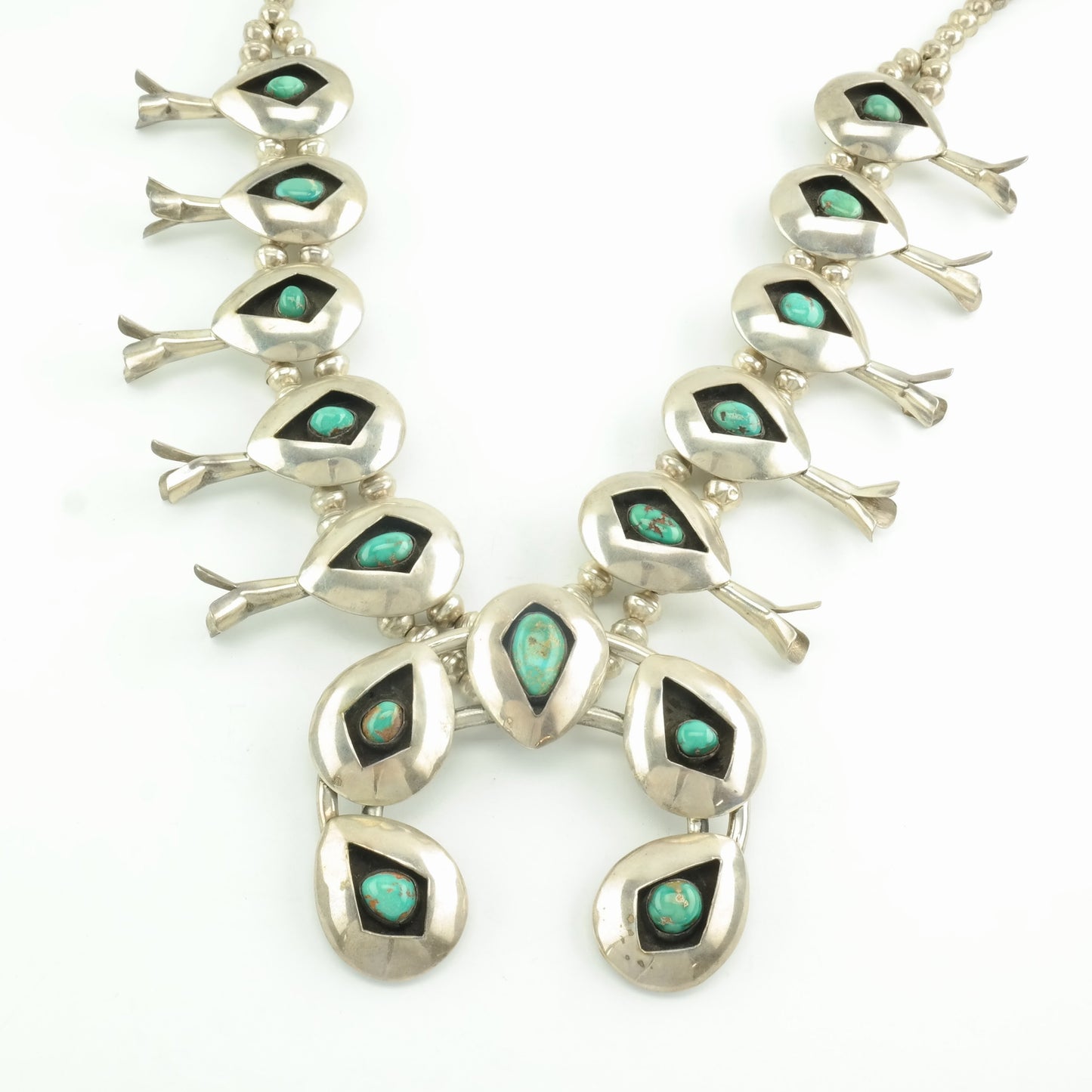 Vintage Native American Sterling Silver Royston Turquoise Shadowbox Squash Blossom Necklace