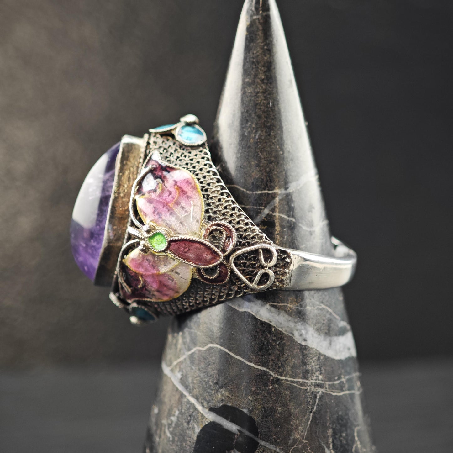 Chinese Export Amethyst, Enamel, Ring Flower Sterling Silver Sz 9