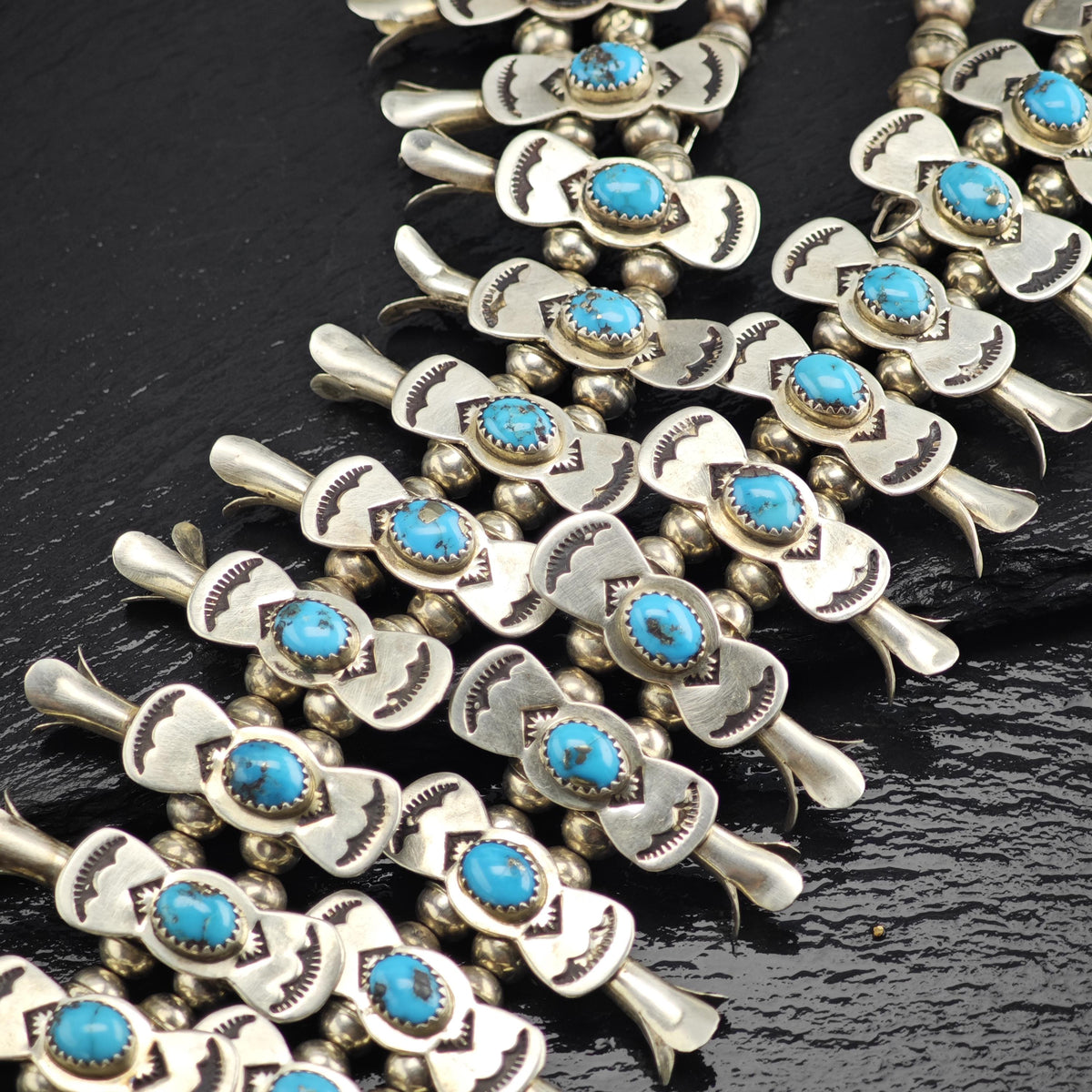 Vintage Navajo, Native American Turquoise Sterling Silver Squash Blossom Necklace N2766