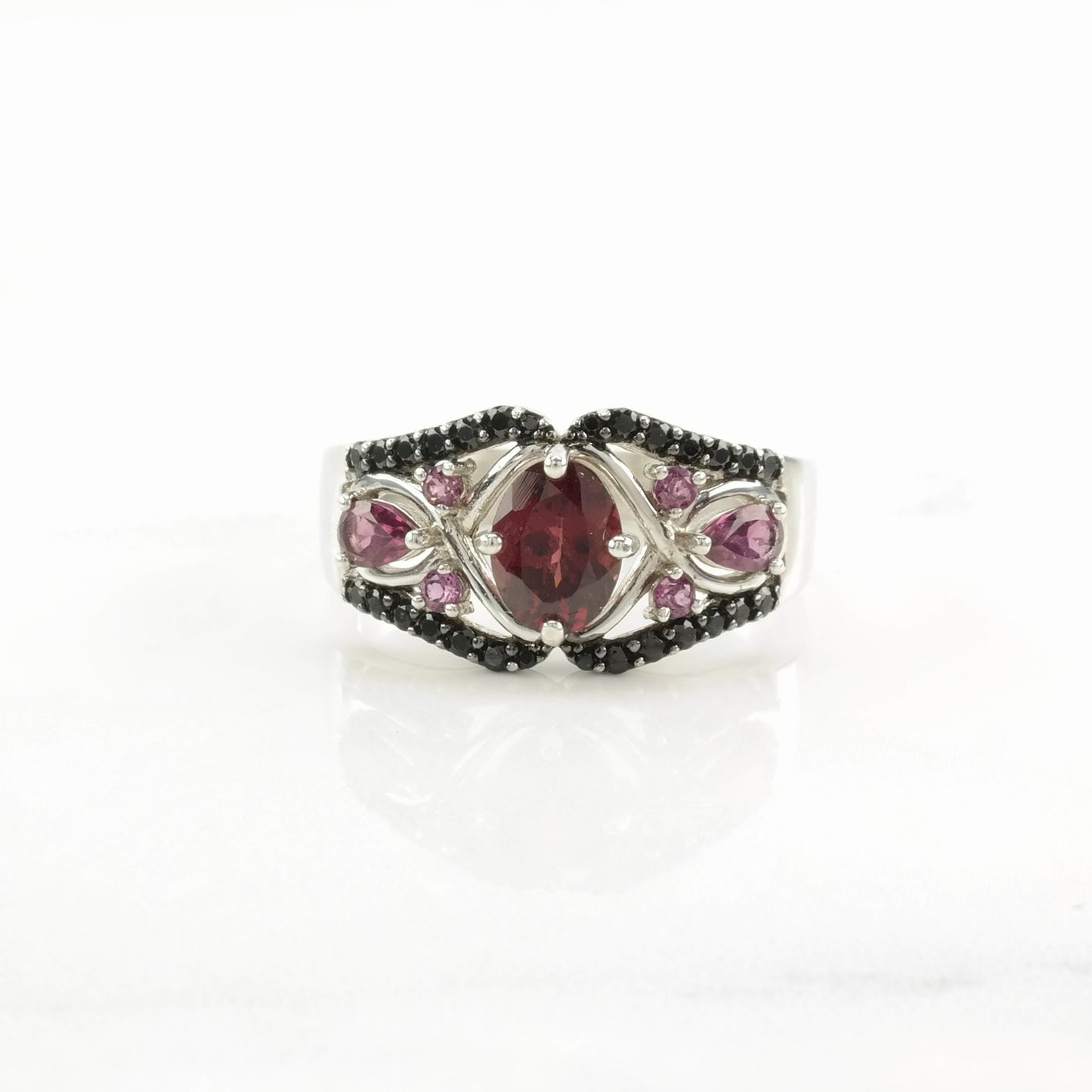 Vintage Sterling Silver Ring Raspberry Rhodolite Garnet Faceted Onyx Red, Purple, Black Size 11