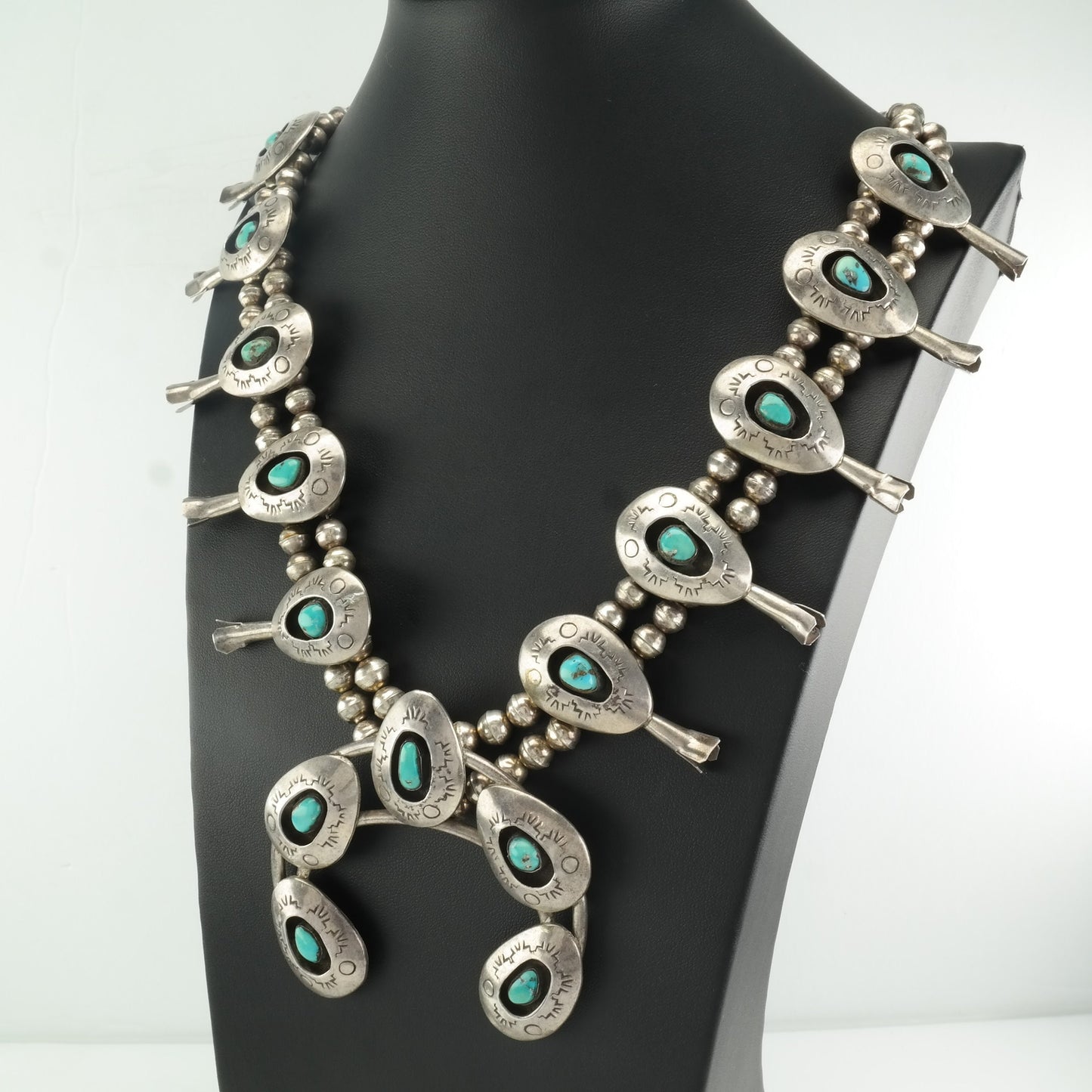 Native American Squash Blossom Sterling Silver Blue Turquoise Shadow Box