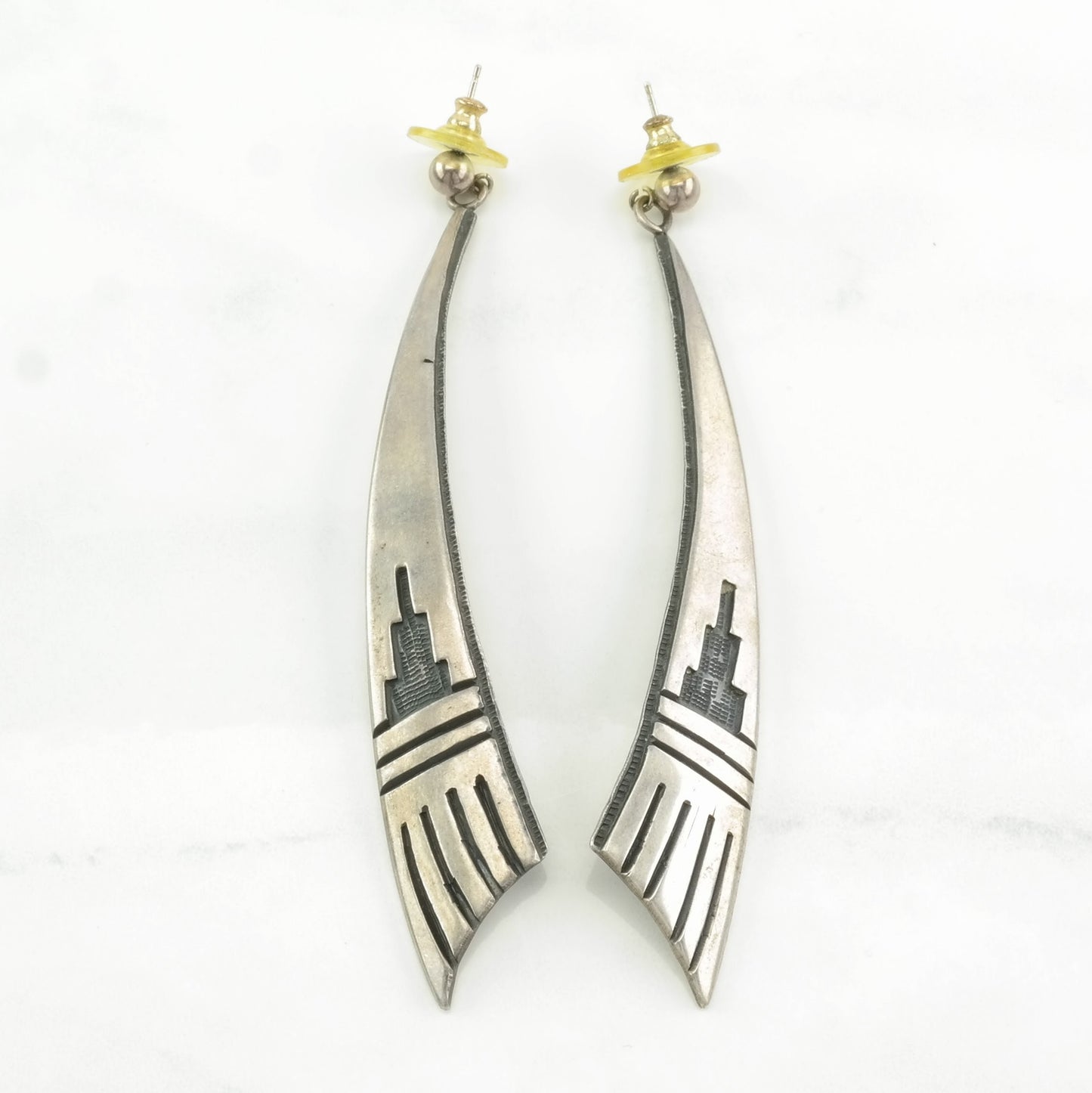 Native American Sterling Silver Long Overlay Earrings Stud Dangle