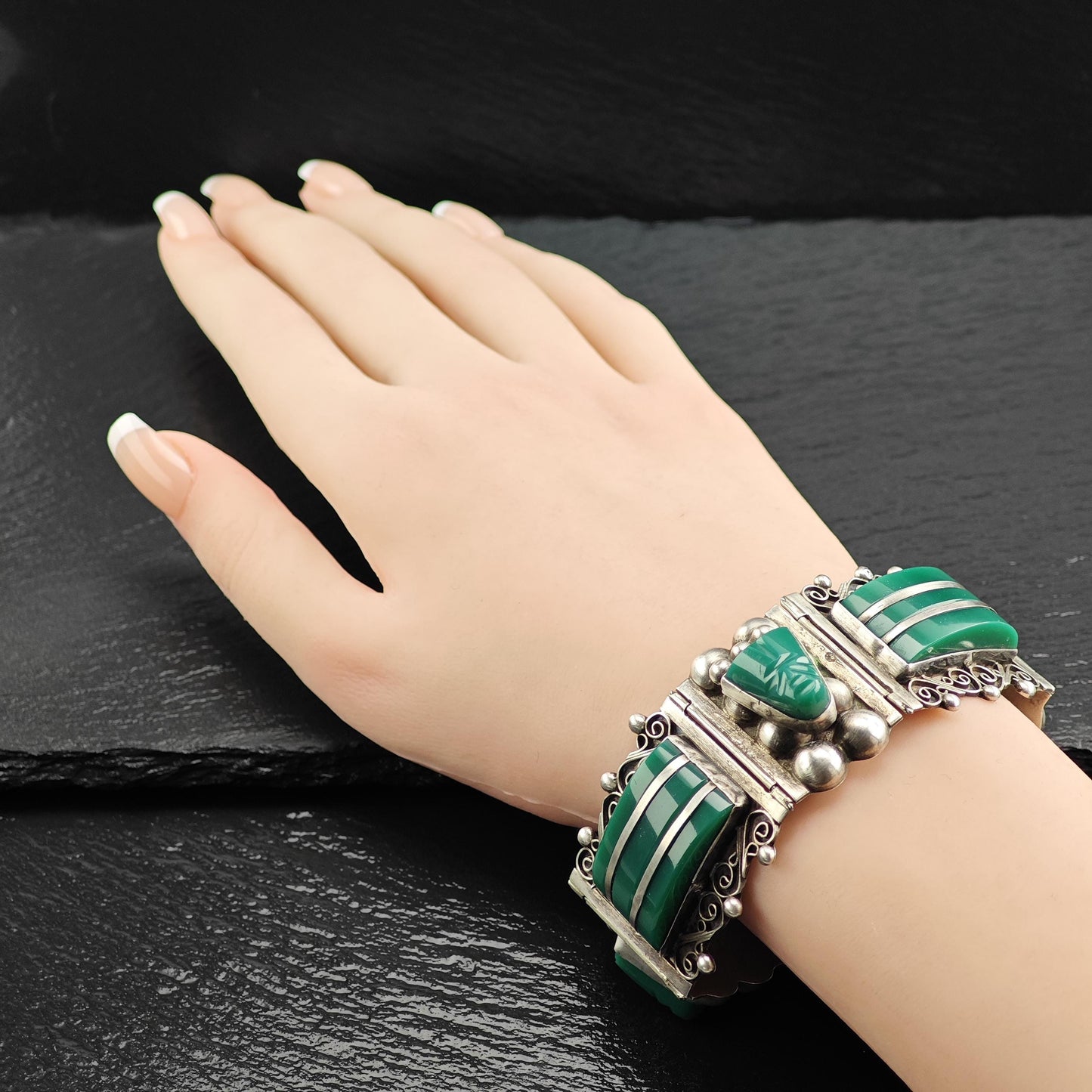 AS IS Vintage Mexican Green Onyx Link Bracelet Sterling Silver