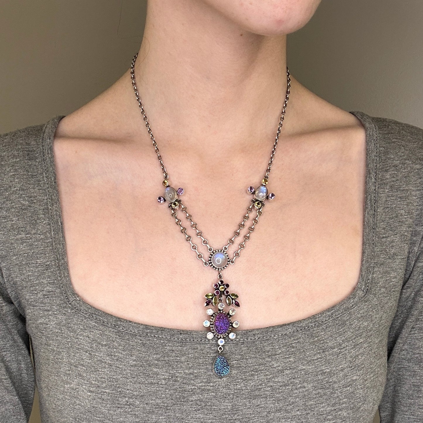 Nicky Butler Sterling Silver Rainbow Pink Moonstone Gemstone Floral Cluster Teardrop Necklace