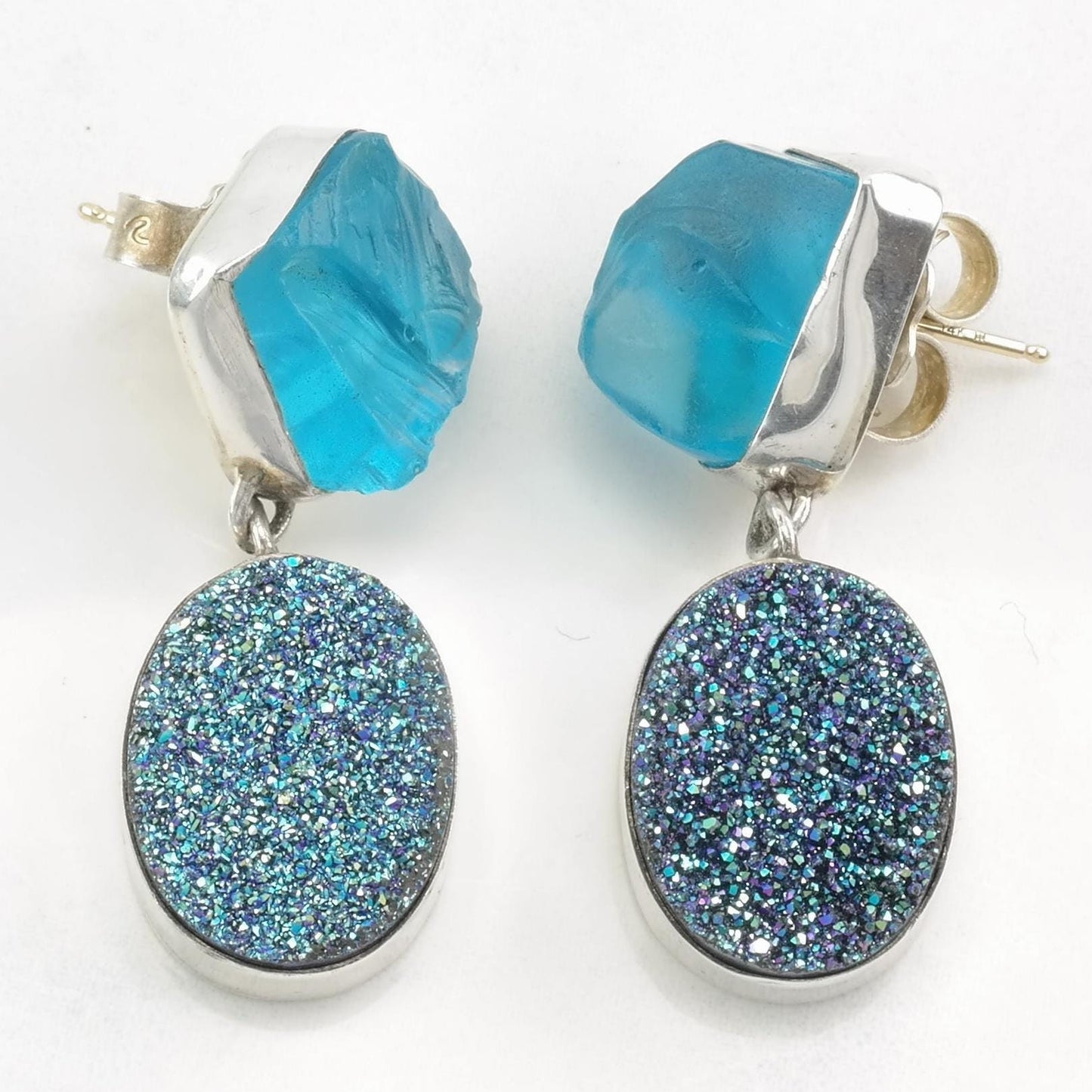 Sterling Silver Blue Stone, Druzy 14k Gold Post Earrings Stud, Dangle