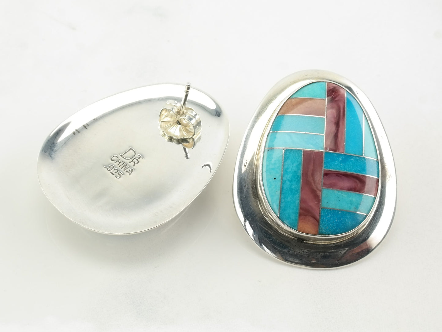 DTR Sterling Silver Turquoise Abalone Inlay Earrings Stud