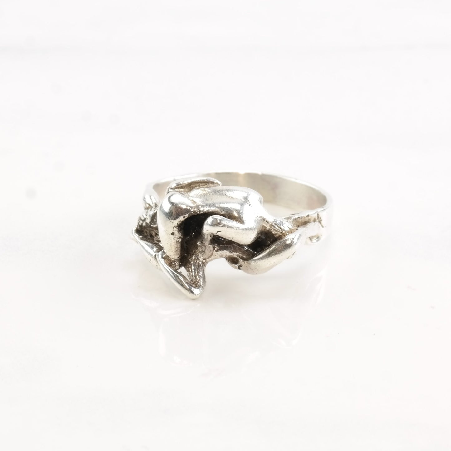 Vintage Modernist Silver Ring Abstract Love People Sterling Size 7 3/4