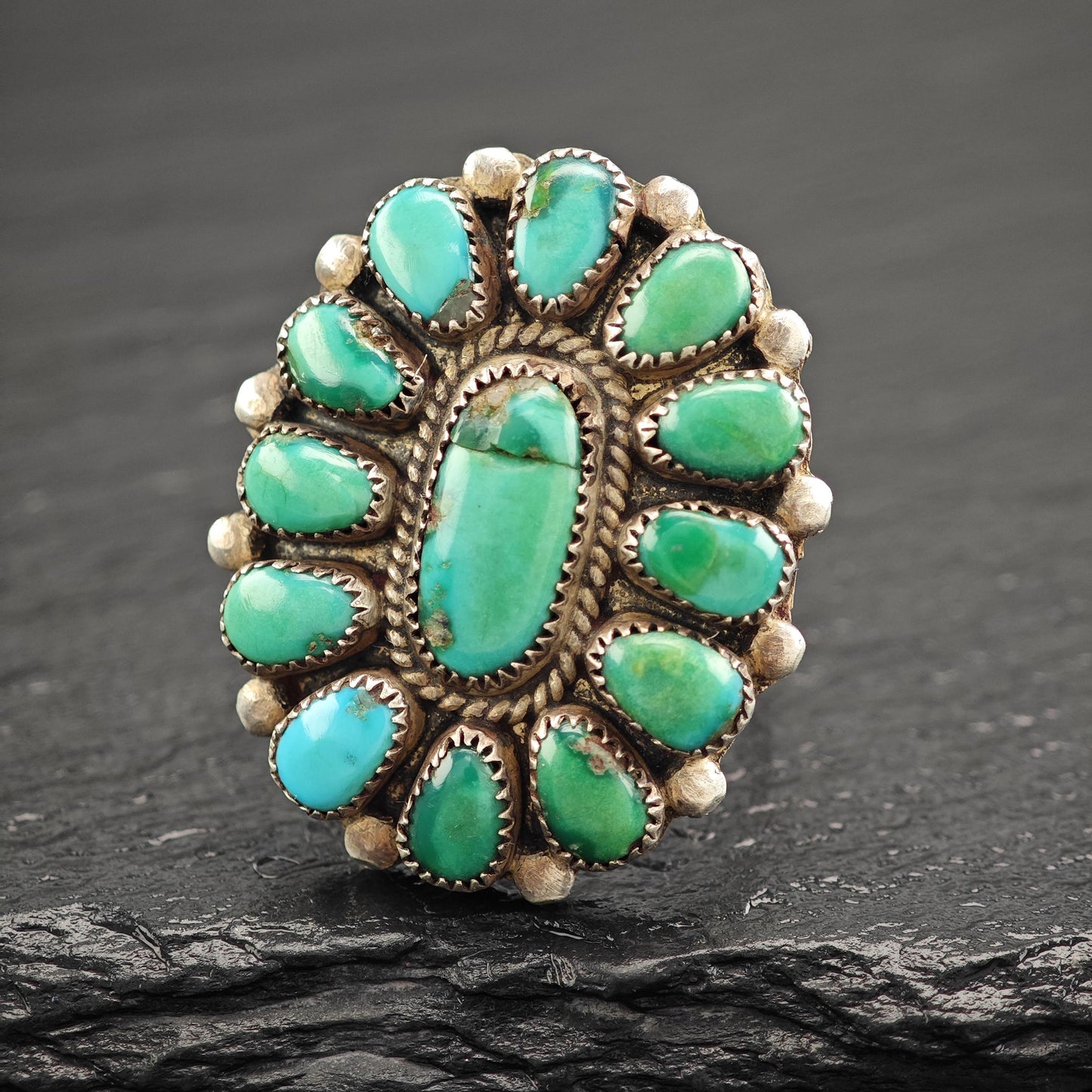 Green Turquoise Cluster Ring Native Sterling Silver R5795
