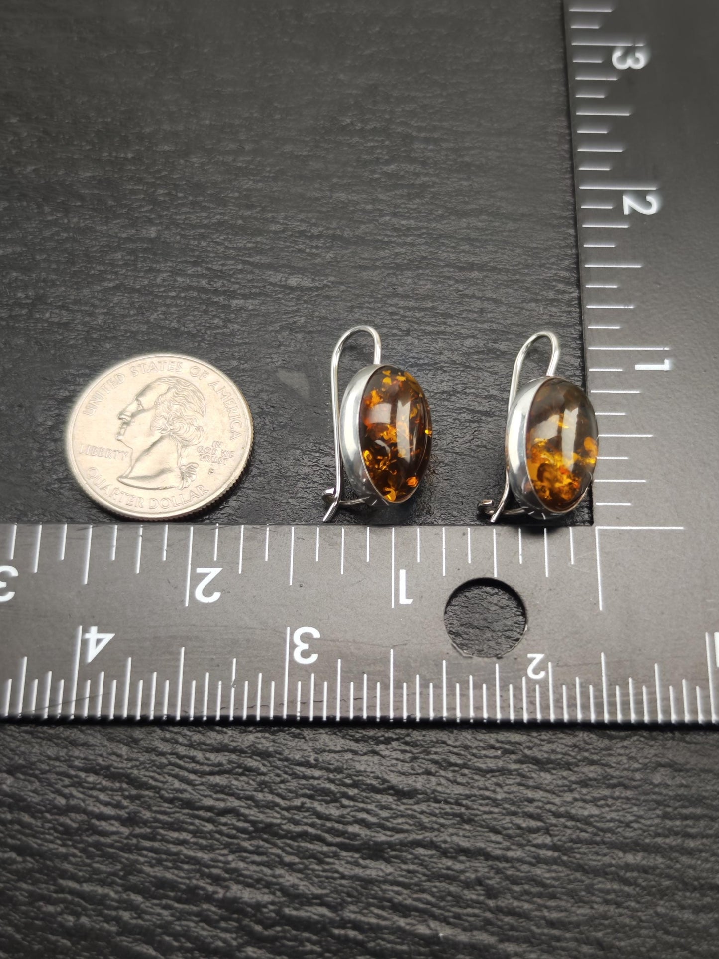 Vintage Brown Amber Oval, Fish Hook Earrings Sterling Silver