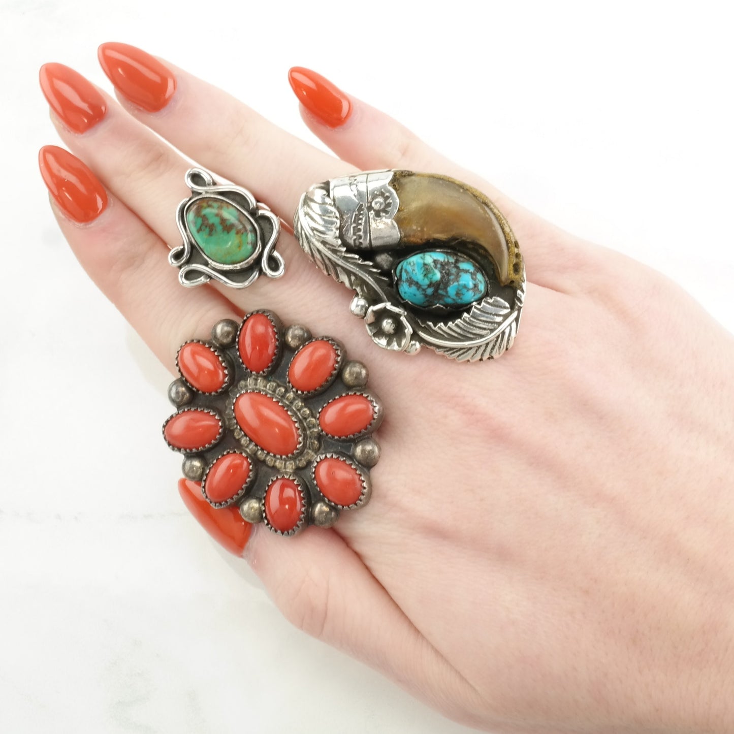 Vintage Native American Silver Ring Coral Floral Sterling Red Size 9 1/4
