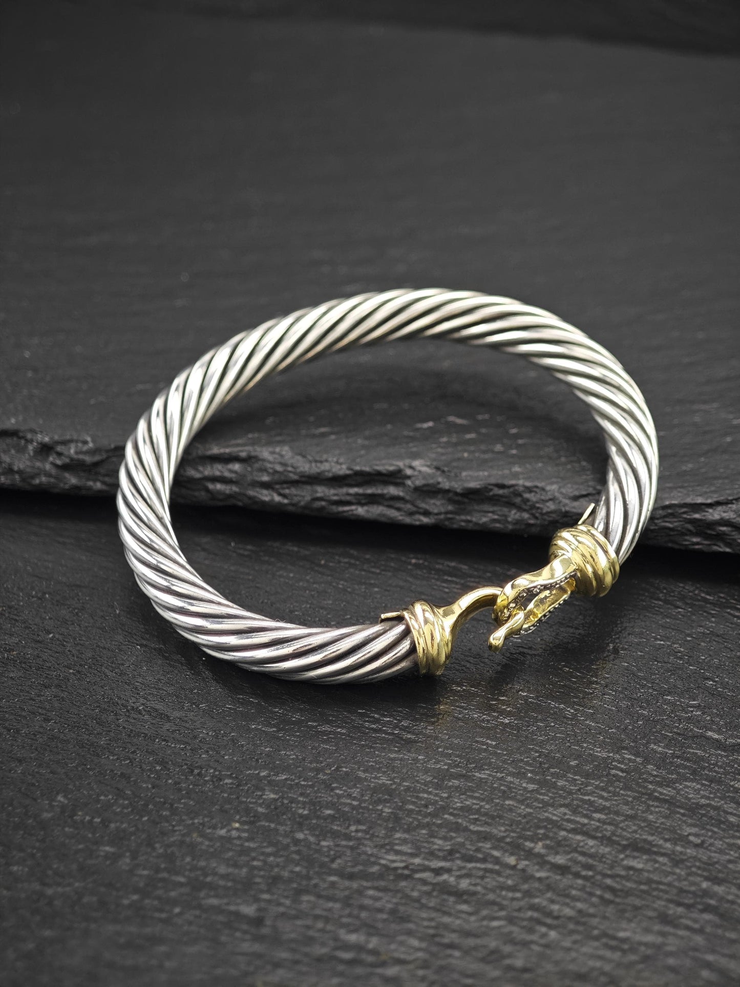 David Yurman 7mm 14K Gold, Diamond, Buckle Bangle Bracelet Sterling Silver