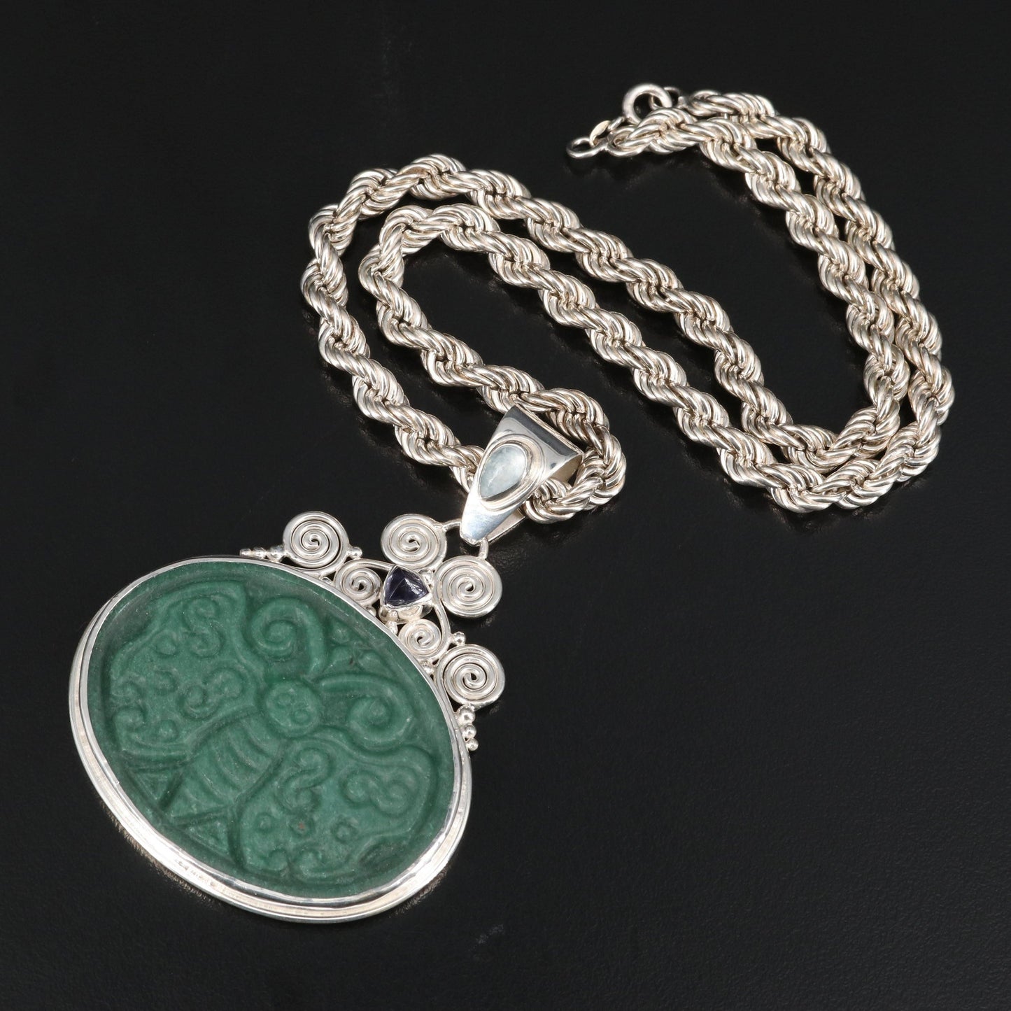 Carved Jade Butterfly Sterling Silver Pendant Sajen