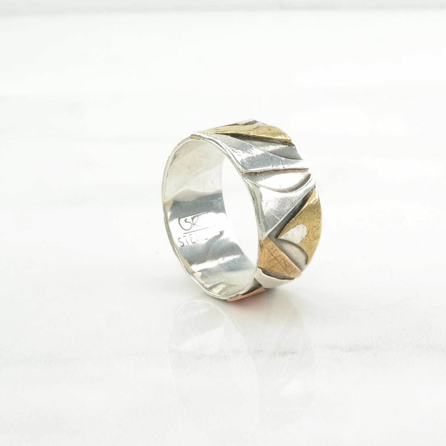 Vintage Sterling Silver Ring Abstract Brass, Copper Accents Size 8
