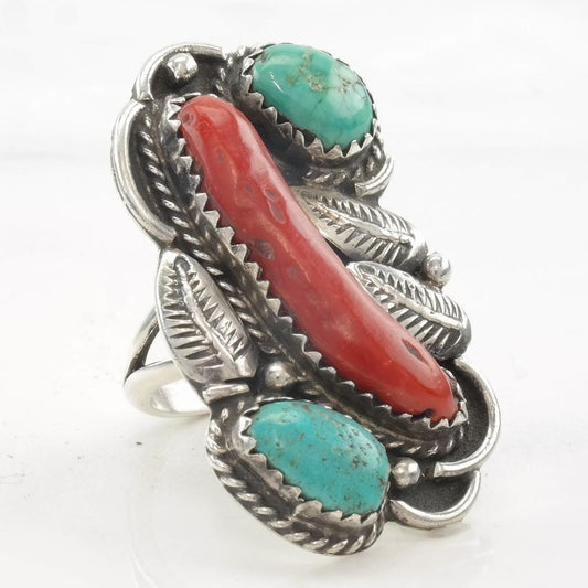 Vintage Native American Ring Coral, Turquoise Feather Sterling Silver Size 4