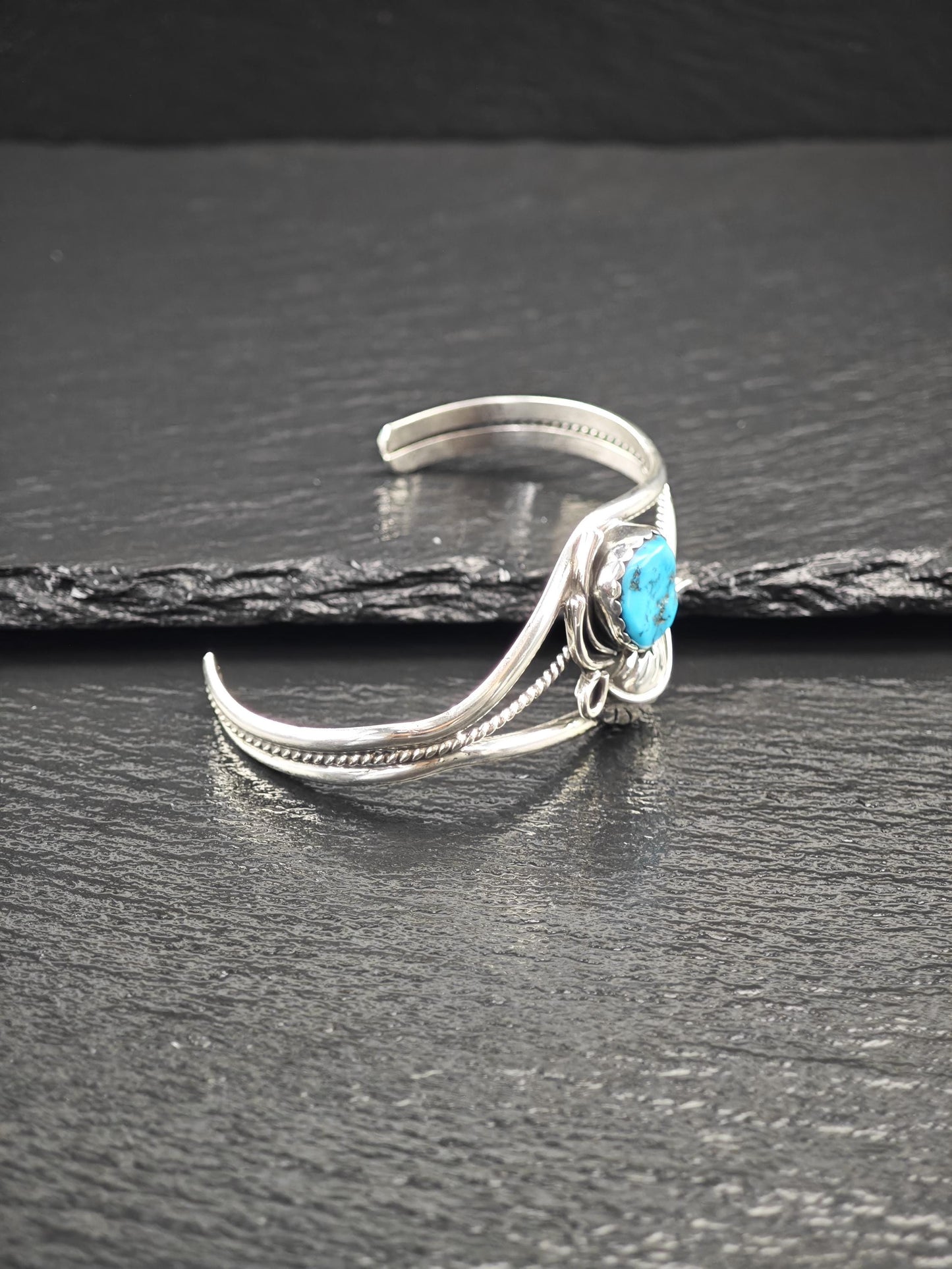 Native American, Turquoise, Floral Cuff Bracelet Sterling Silver