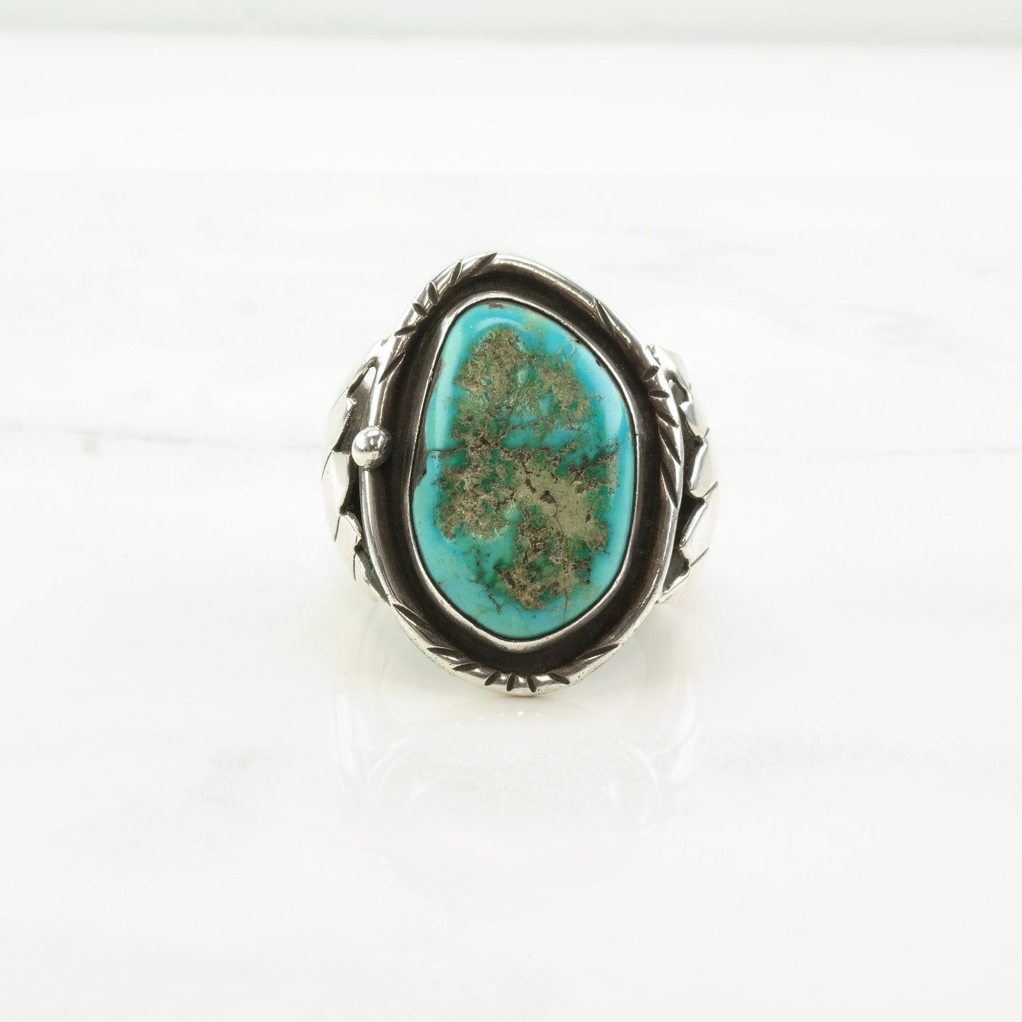 Vintage Southwest Sterling Silver & Turquoise Feather Shadowbox Ring, Size 12.5