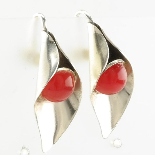 Vintage Sterling Silver Red Stone Calla Lily Earrings Screw back