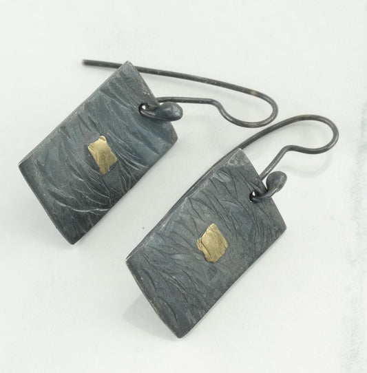 Modernist Sterling Silver Rectangular 18k Gold Fish Hooks Earrings