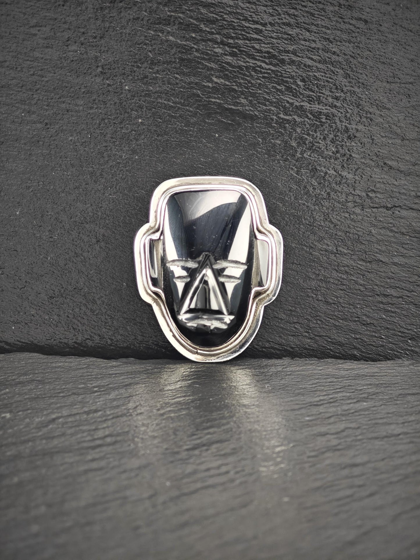 Vintage Carved Mask Brooch Sterling Silver