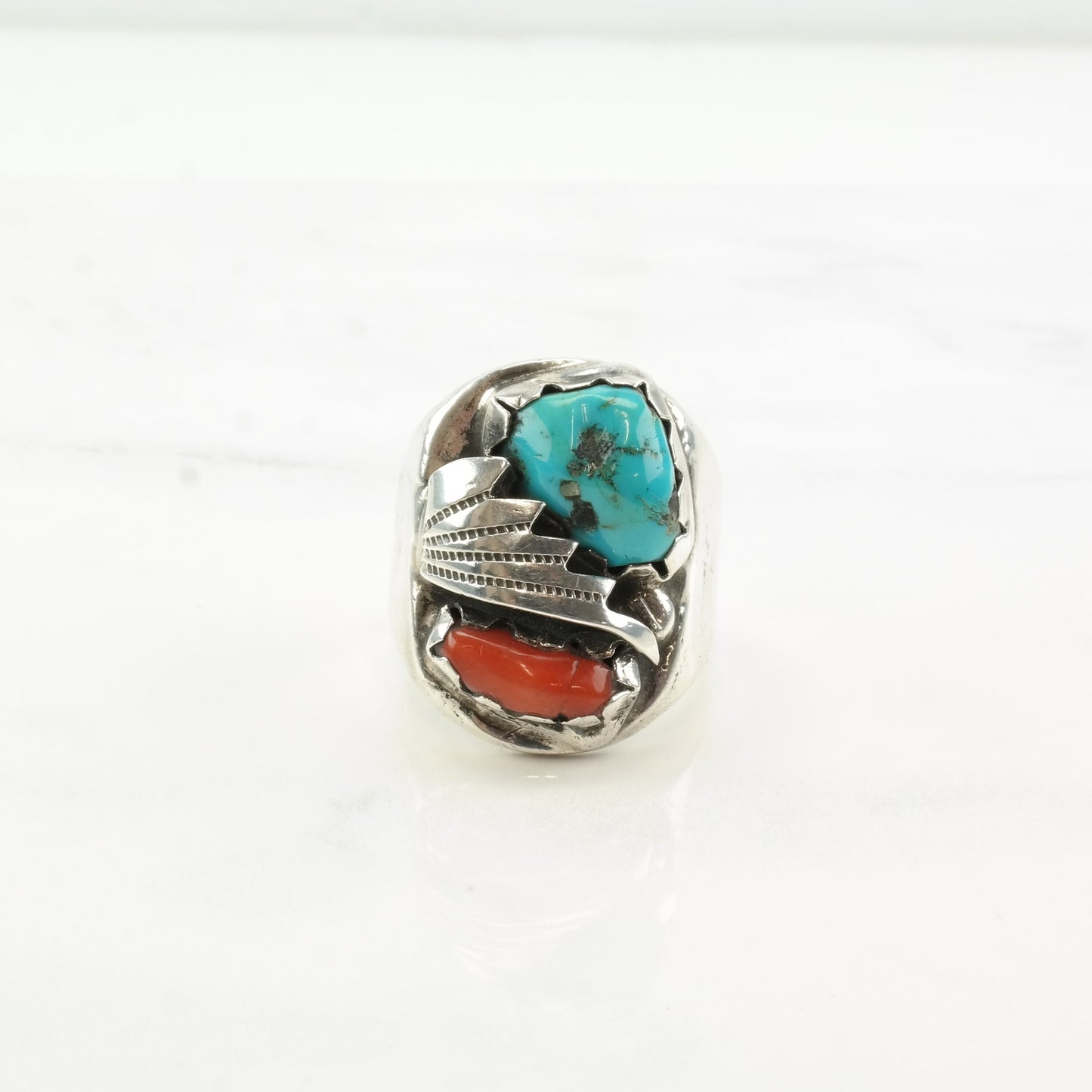 Native American Sterling Silver, Turquoise & Coral Ring | Southwestern Jewelry | Feather Design | Size 12