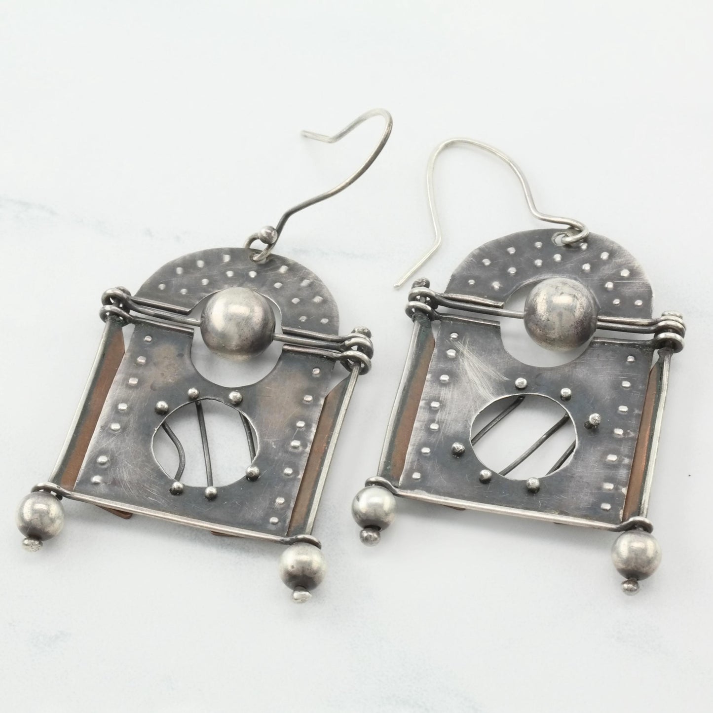 Vintage Sterling Silver Fish Hook Earrings Abstract Copper Abstract