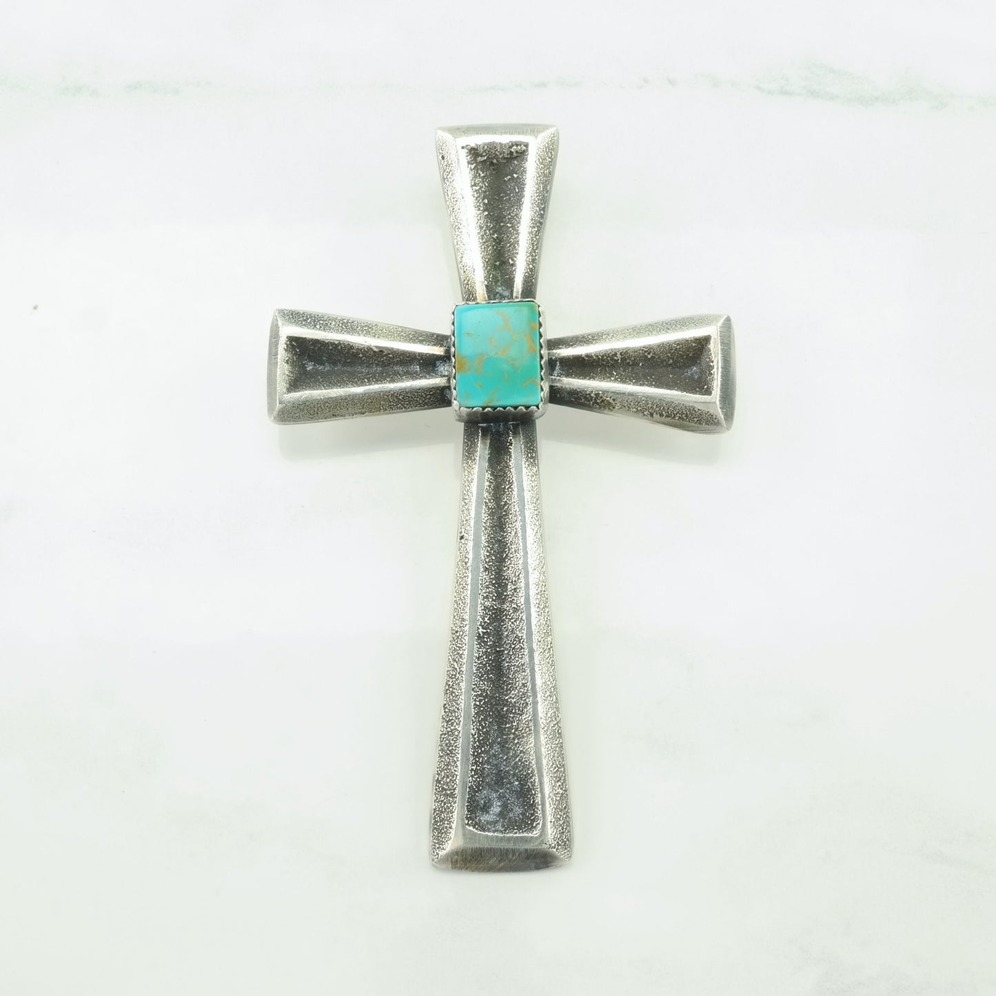 Vintage Native American Turquoise, Tufa Cast Large Cross Sterling Silver Pendant