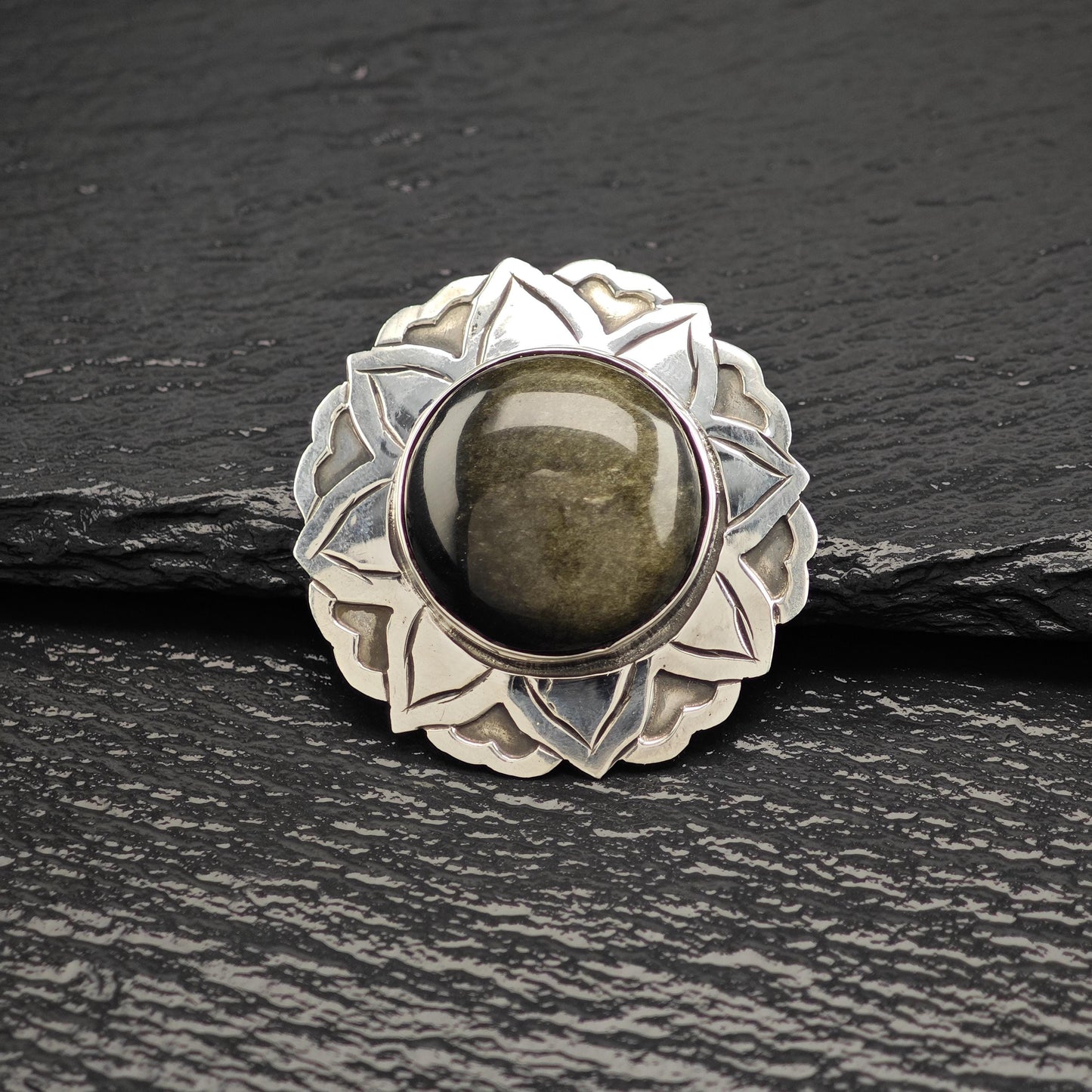 Vintage Taxco, Golden Sheen Obsidian Floral Pendant/Brooch Sterling Silver