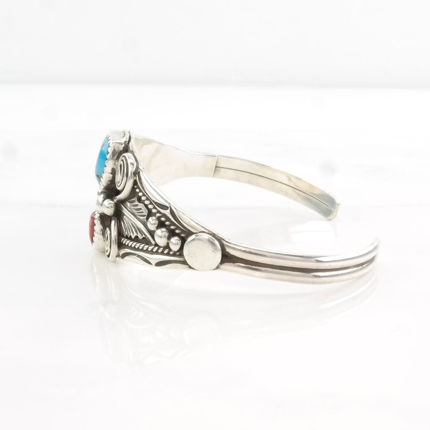 Native Coral, Turquoise Cuff Bracelet Sterling Silver Blue, Red Leaf BR2482