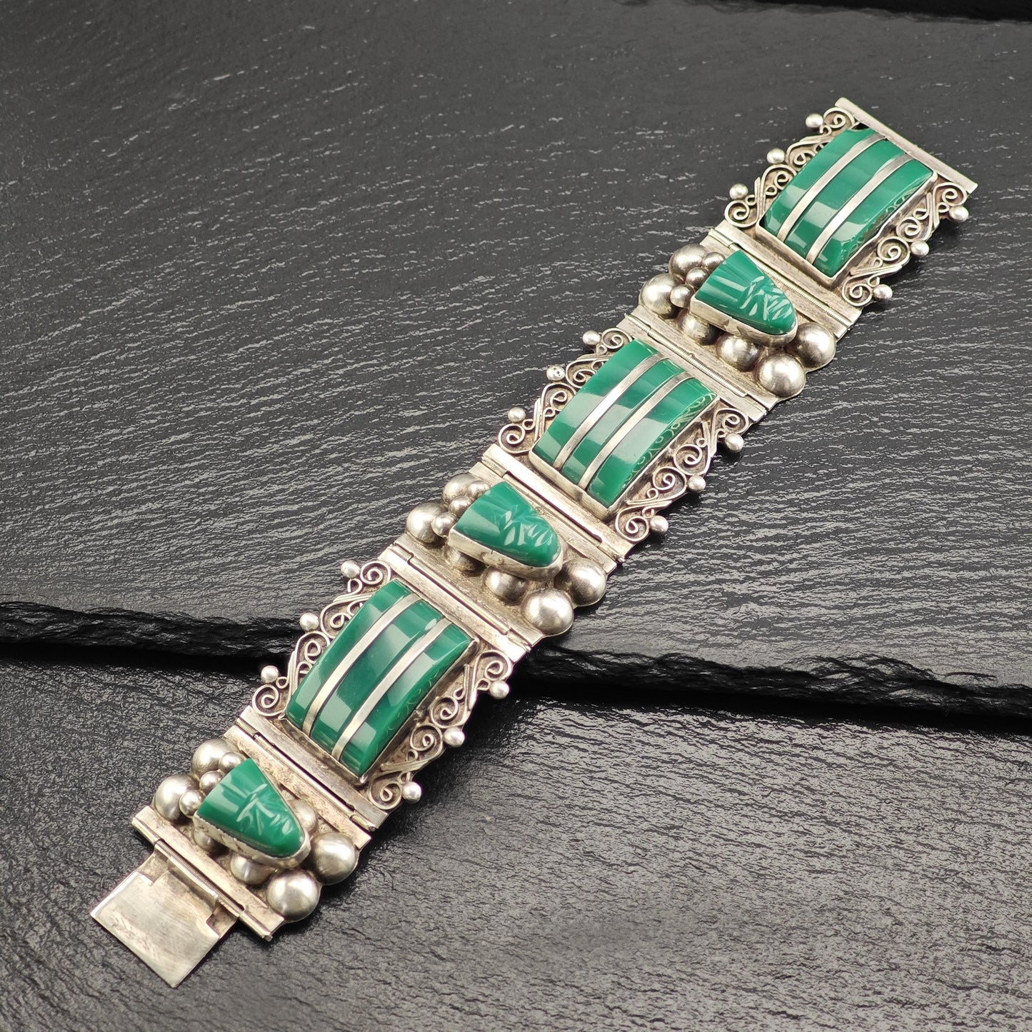AS IS Vintage Mexican Green Onyx Link Bracelet Sterling Silver