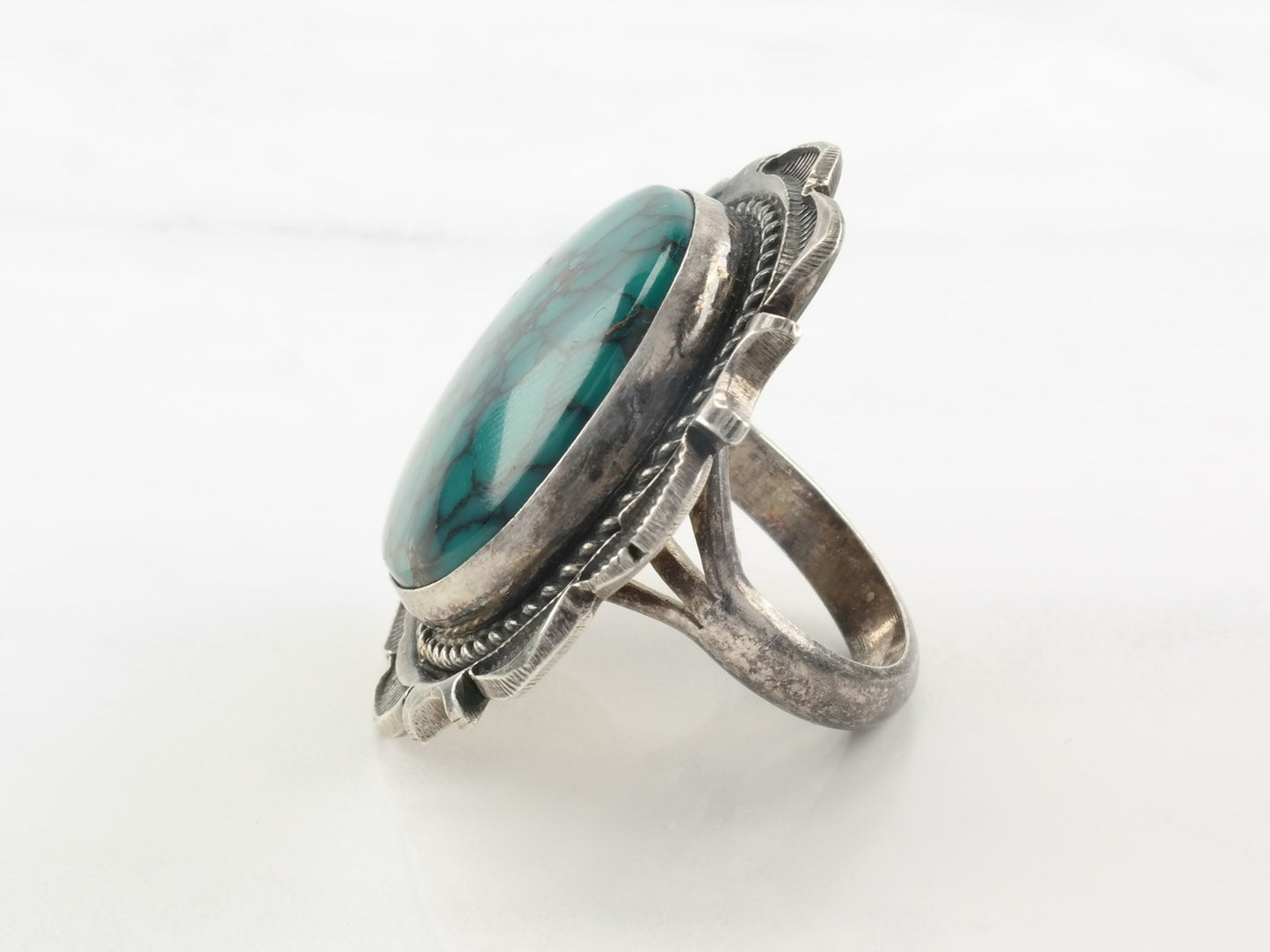 Vintage Native American Sterling Silver & Turquoise Ring | Size 8 | Spiderweb Turquoise | Southwestern Jewelry | Boho Chic | Statement Ring
