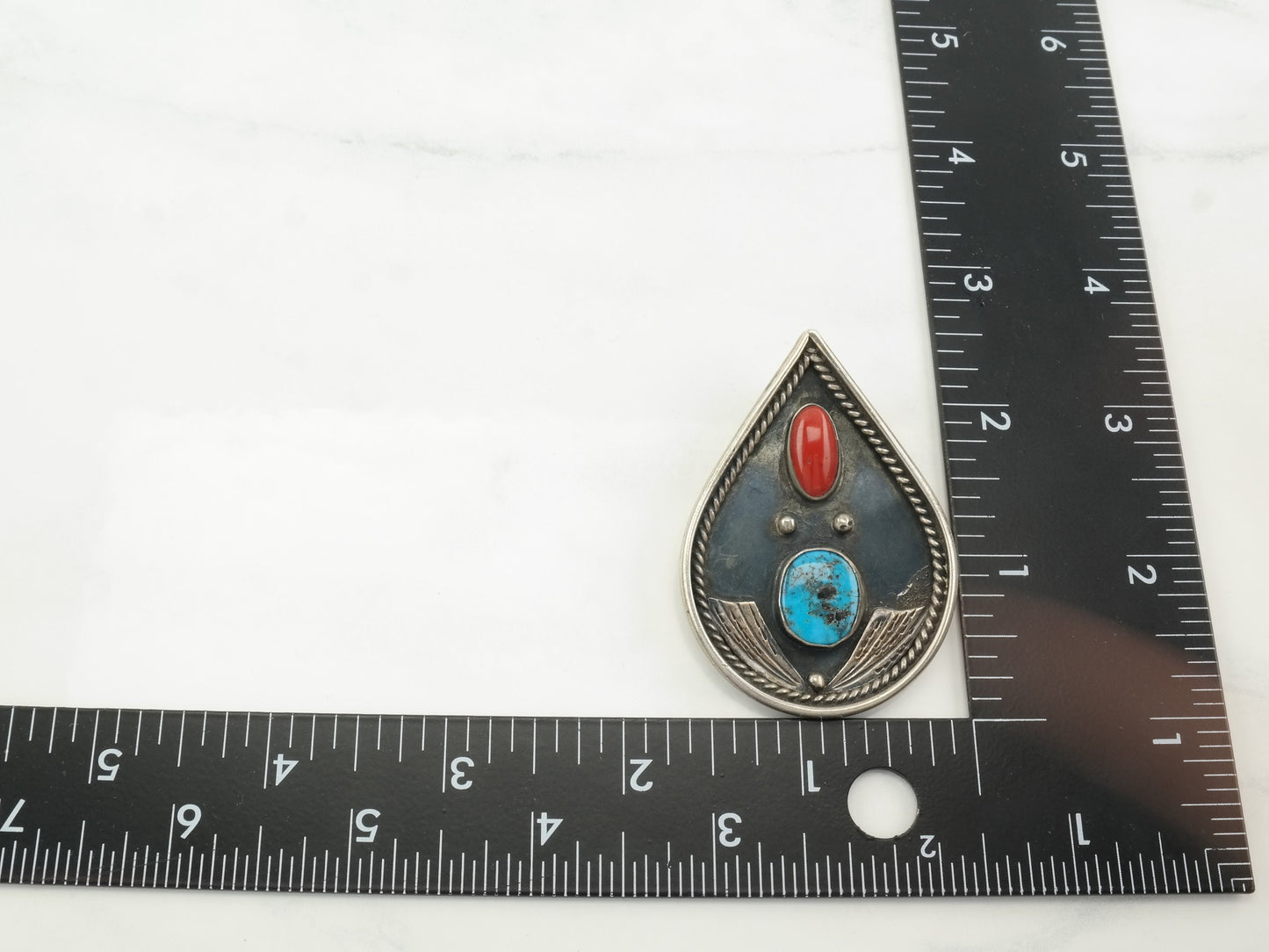 NA Turquoise & Coral Pendant Sterling Teardrop P2002