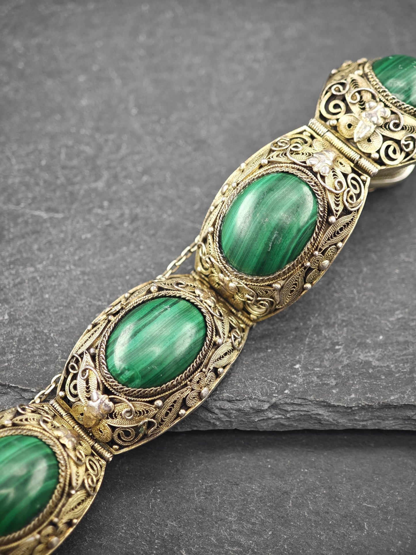 Chinese Silver Gilt Filigree, Malachite Panel Bracelet Sterling Silver