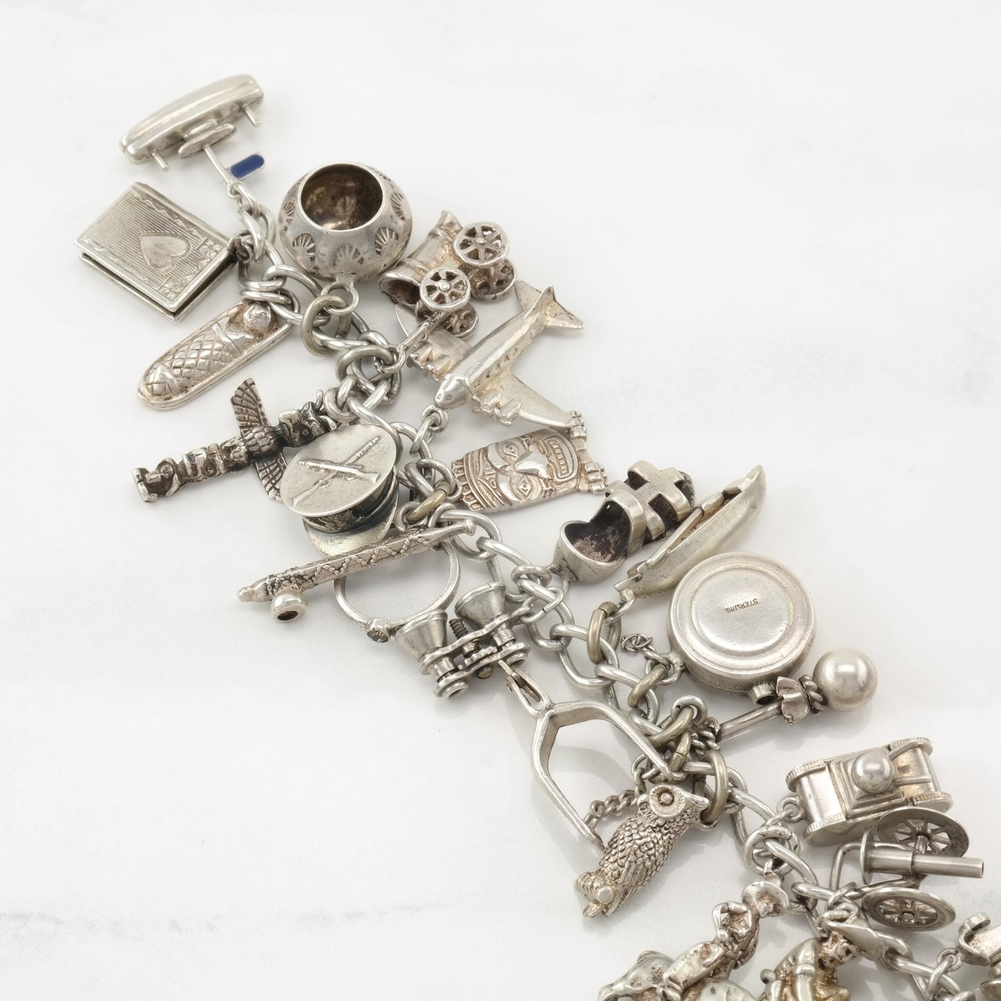 WWII Era Sterling Silver 32 Charms Bracelet Western, Military & Misc