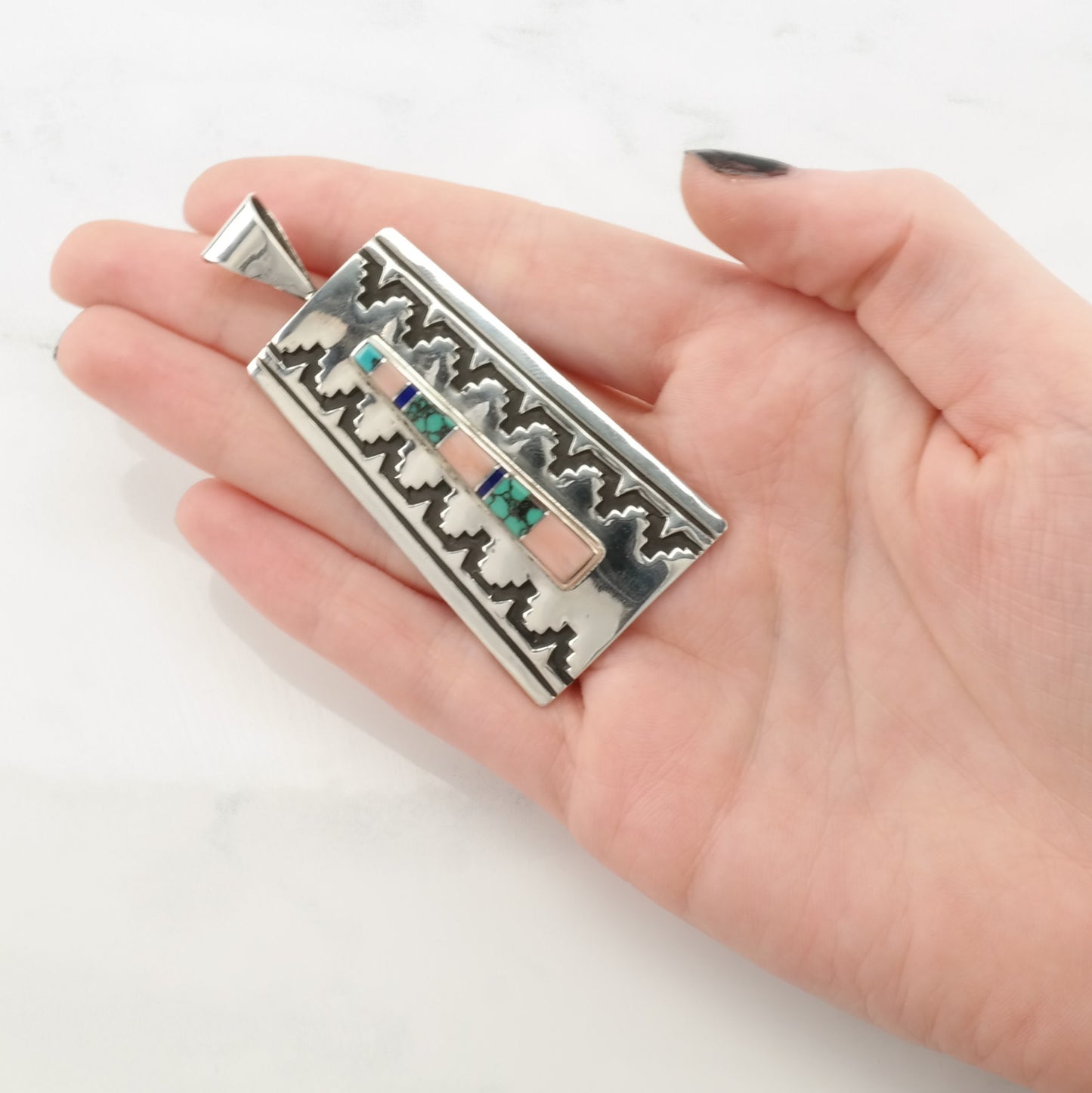 Vintage Southwest Turquoise, Lapis Lazuli, Shell Inlay, Overlay Sterling Silver Pendant