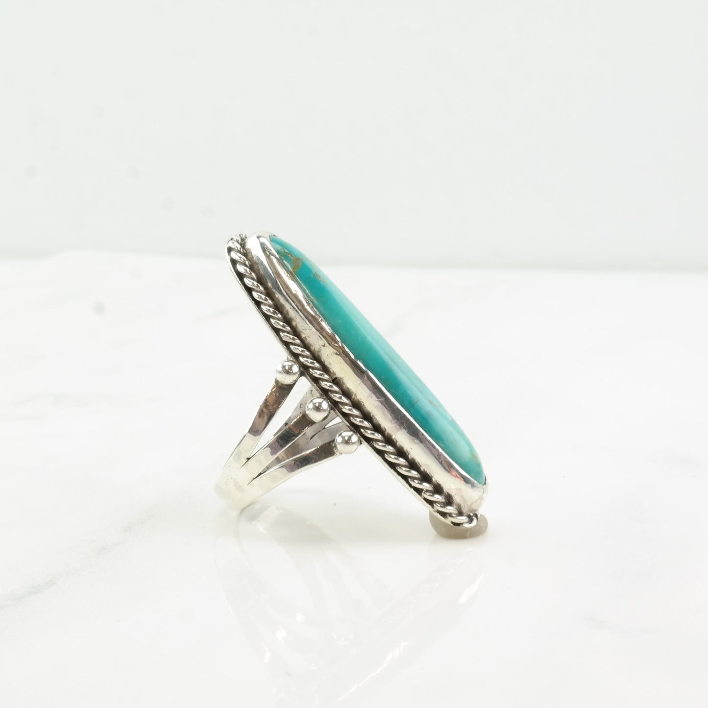 Vintage Southwest Silver Ring Turquoise Navette Long Oval Sterling Size 9 3/4