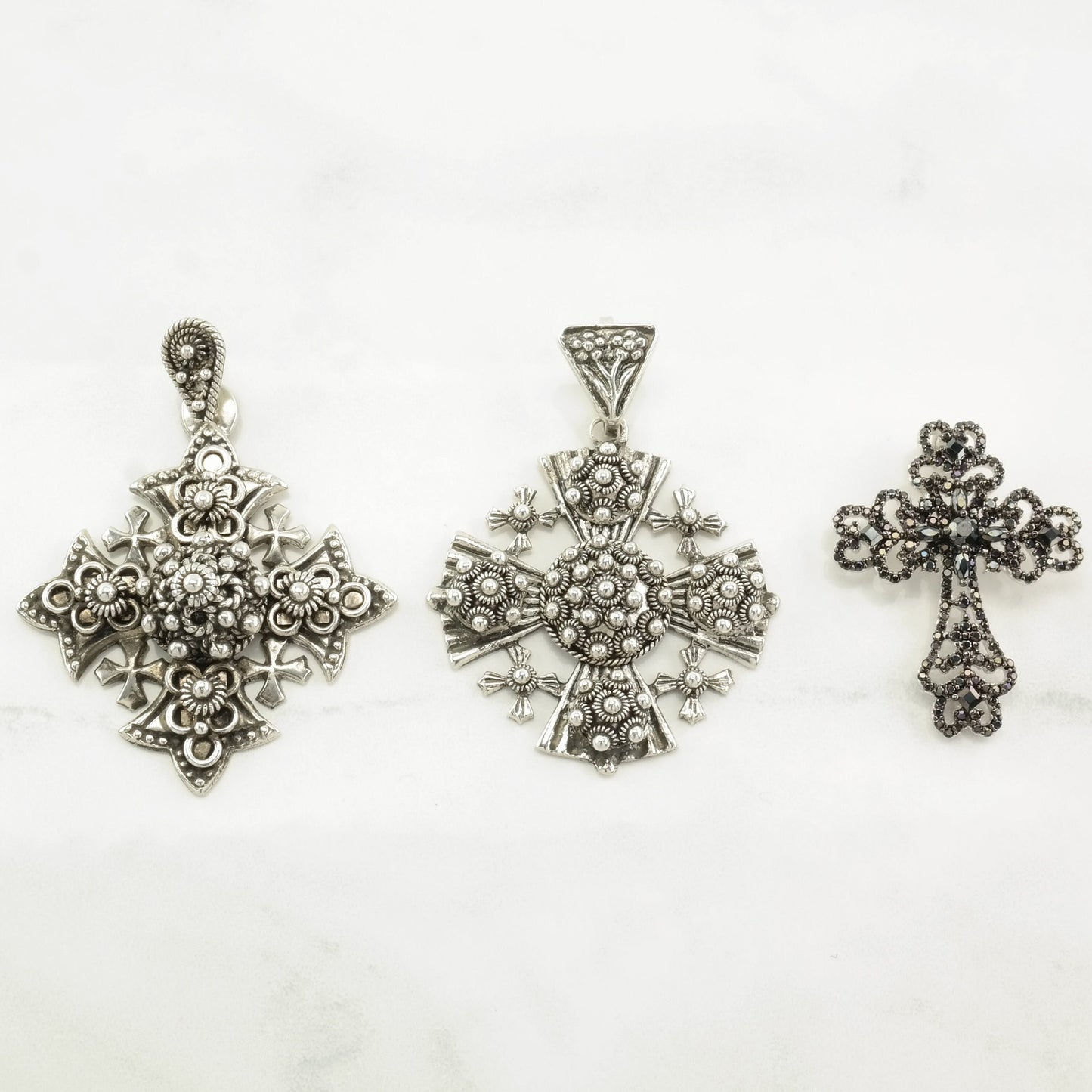 Vintage Jerusalem Cross Black Onyx Cross Sterling Silver Pendant