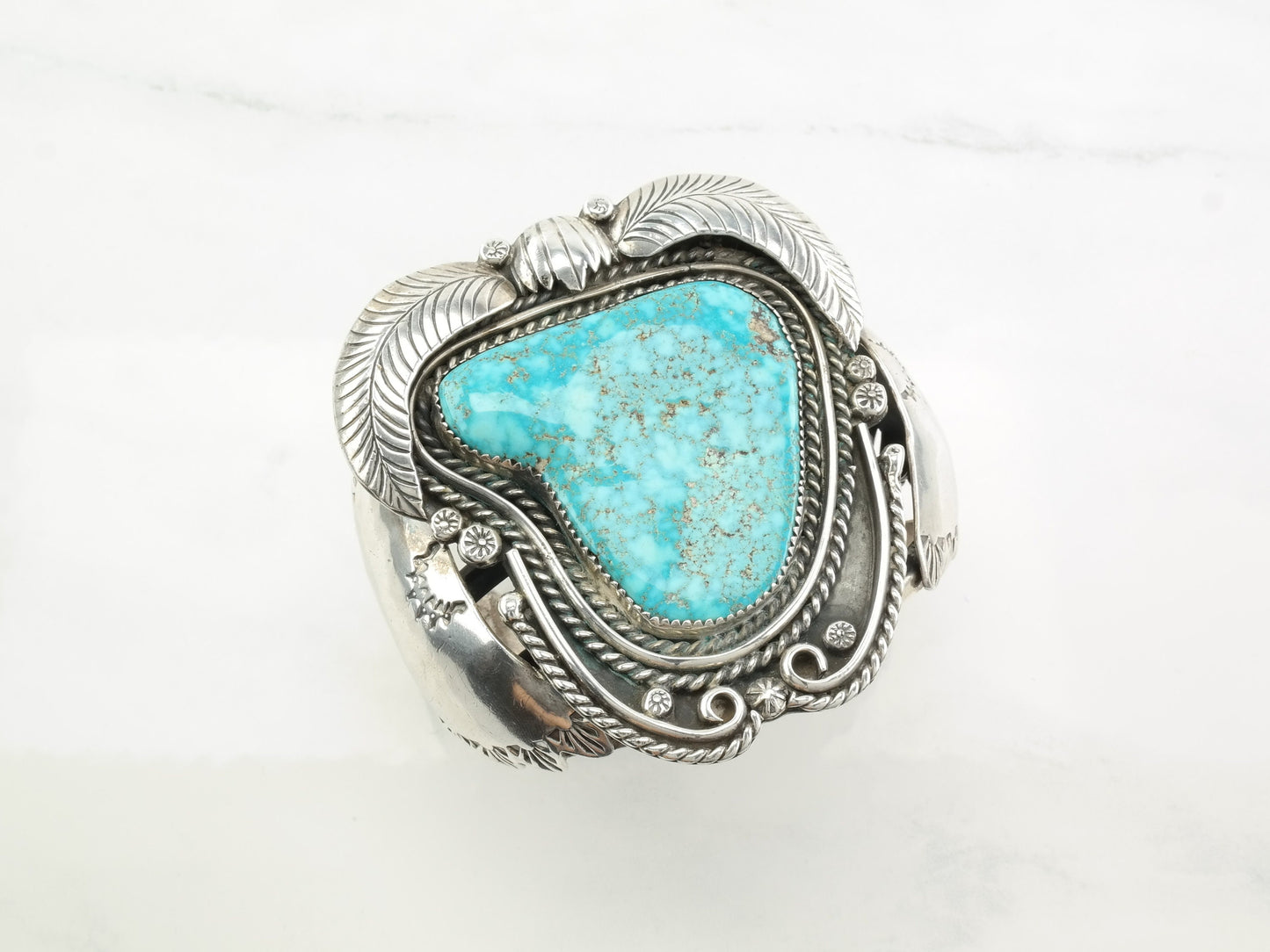 Kewa Cuff Bracelet Blue Kingman's Turquoise Leaf Sterling Silver