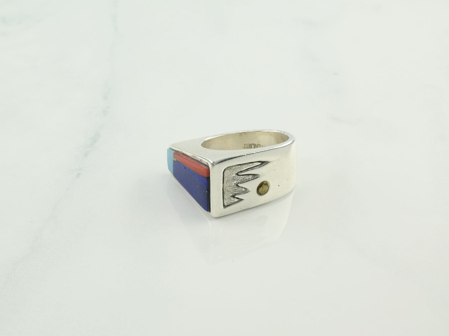 Vintage Native American Silver Ring Lapis Coral Opal Inlay Sterling Multicolor Size 8 1/4