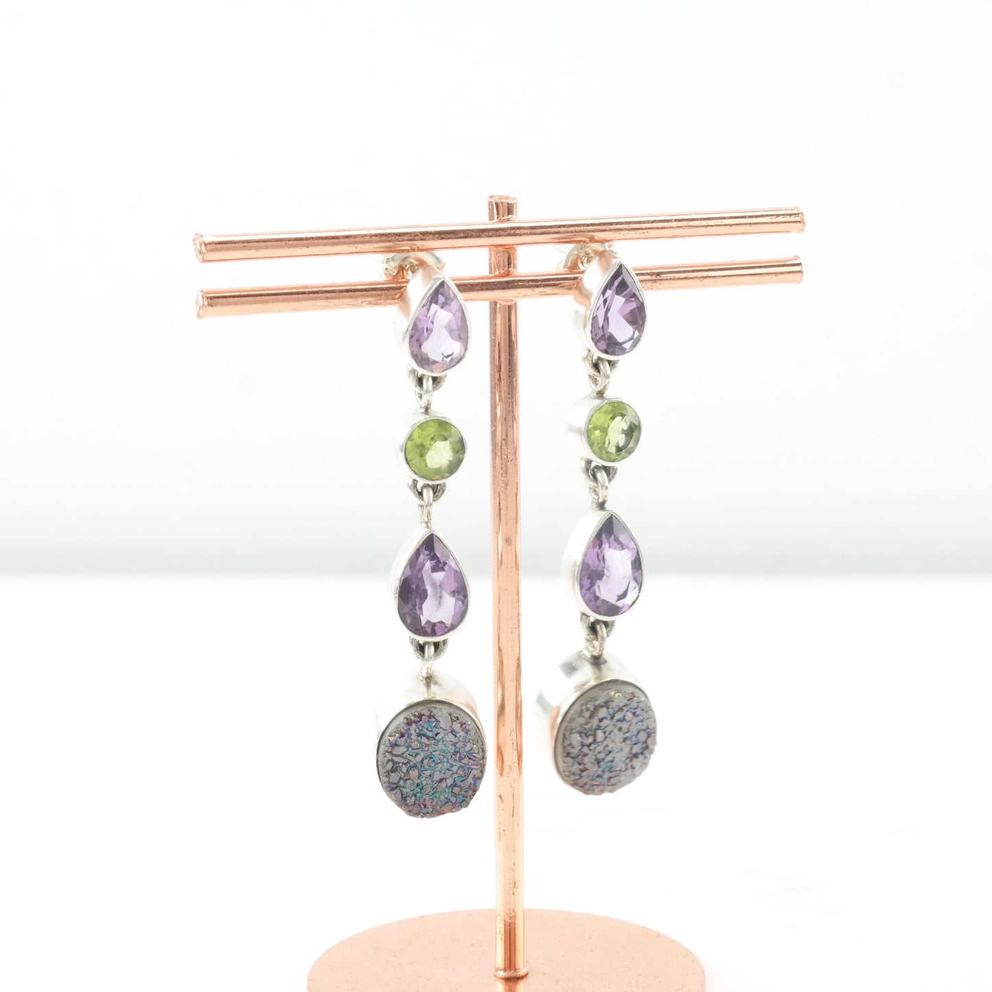 Vintage Nicky Butler Sterling Silver Stud Dangle Earrings Amethyst, Peridot Druzy
