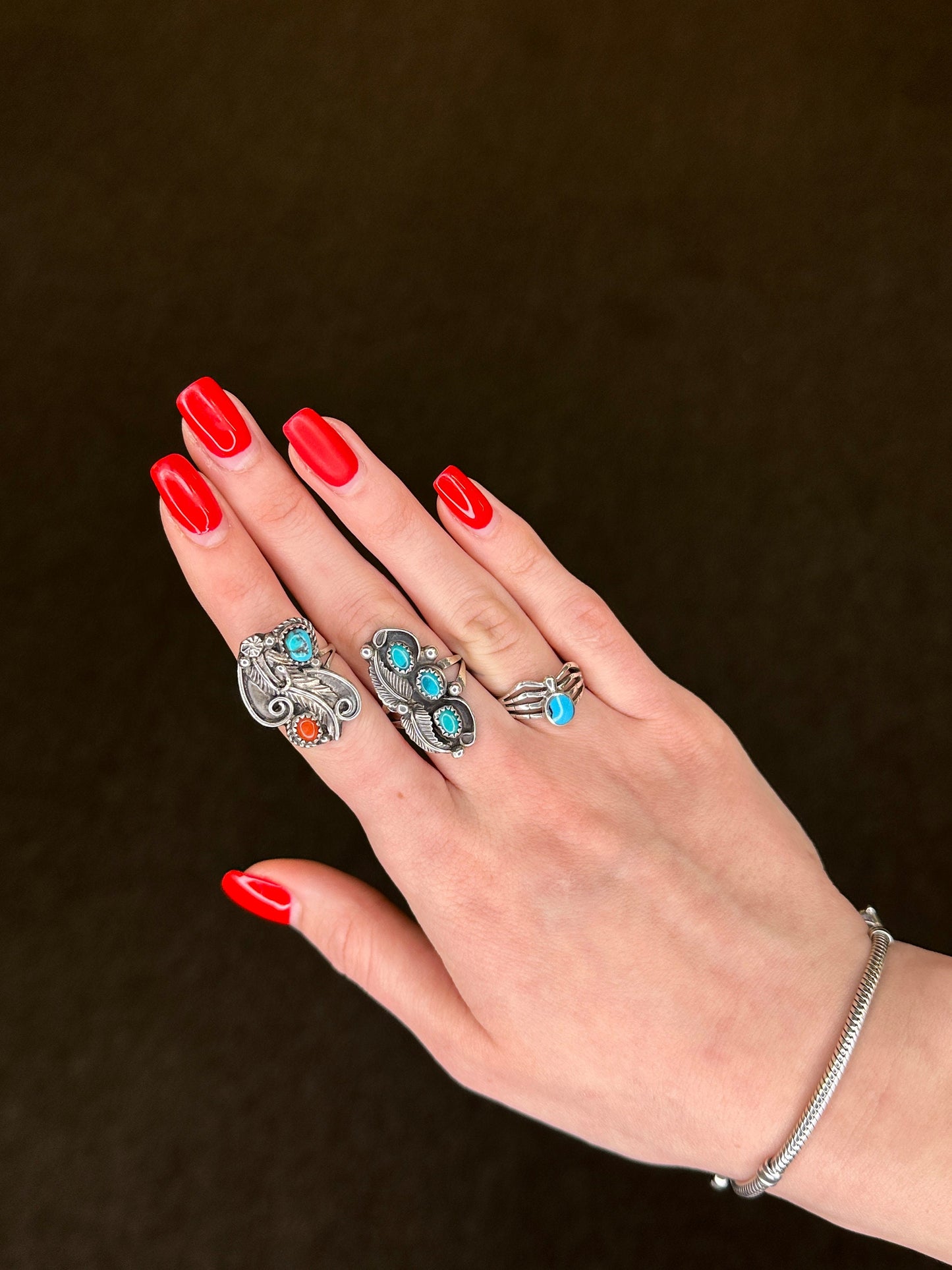 Vintage Native American Silver Ring Turquoise Coral Leaf Flower Sterling Size 6