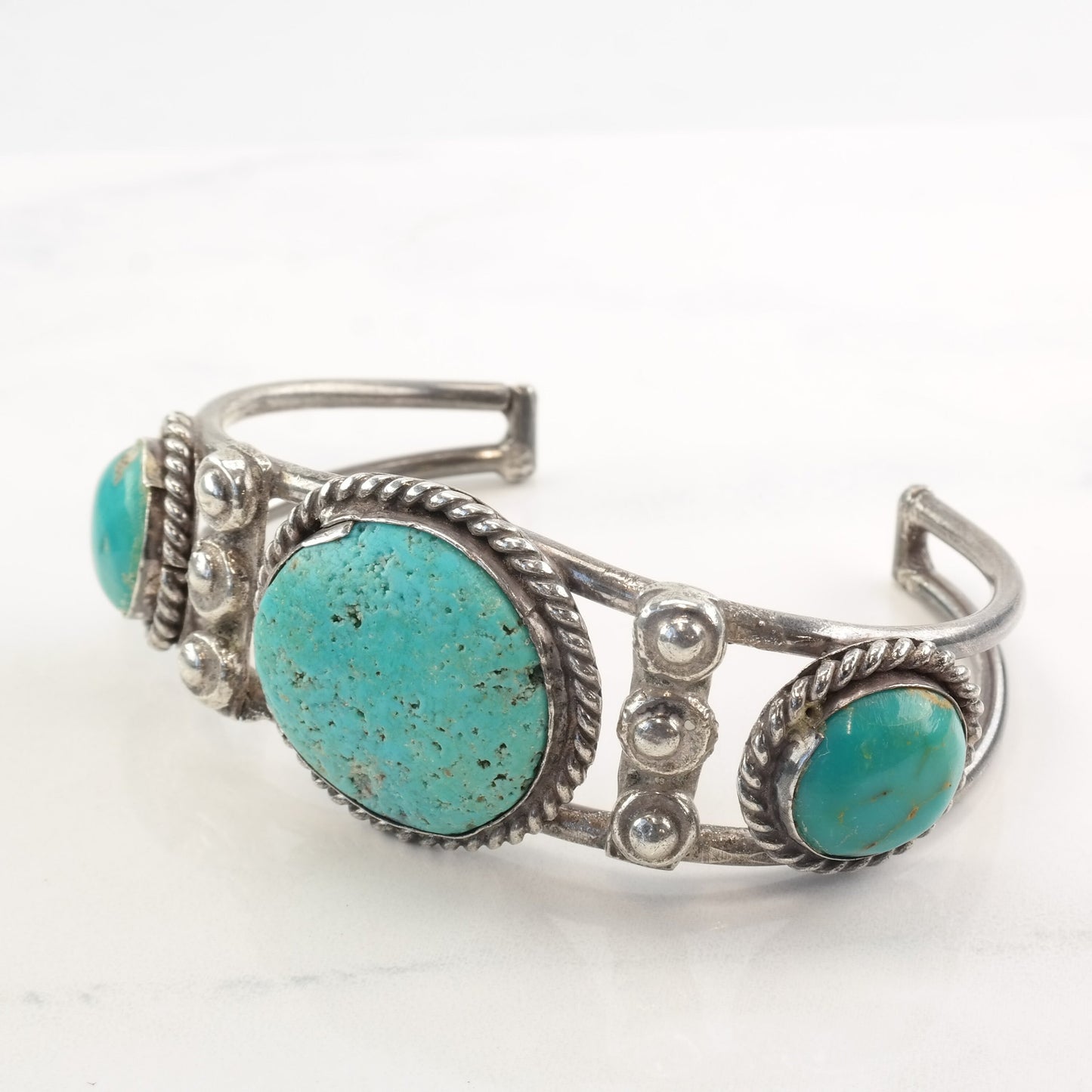 1950 Native American Sterling Silver Cuff Bracelet Turquoise Three Stone