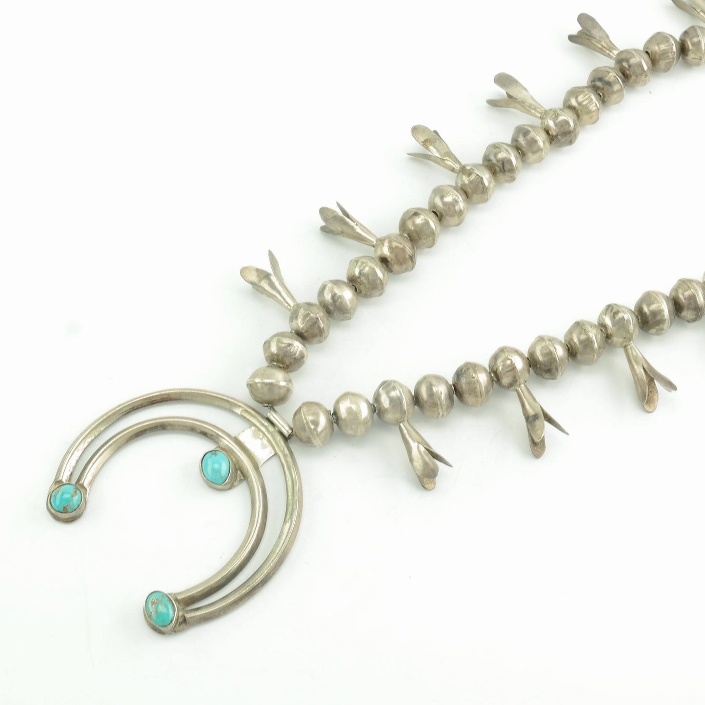 Vintage Native American Sterling Silver Turquoise Squash Blossom Necklace