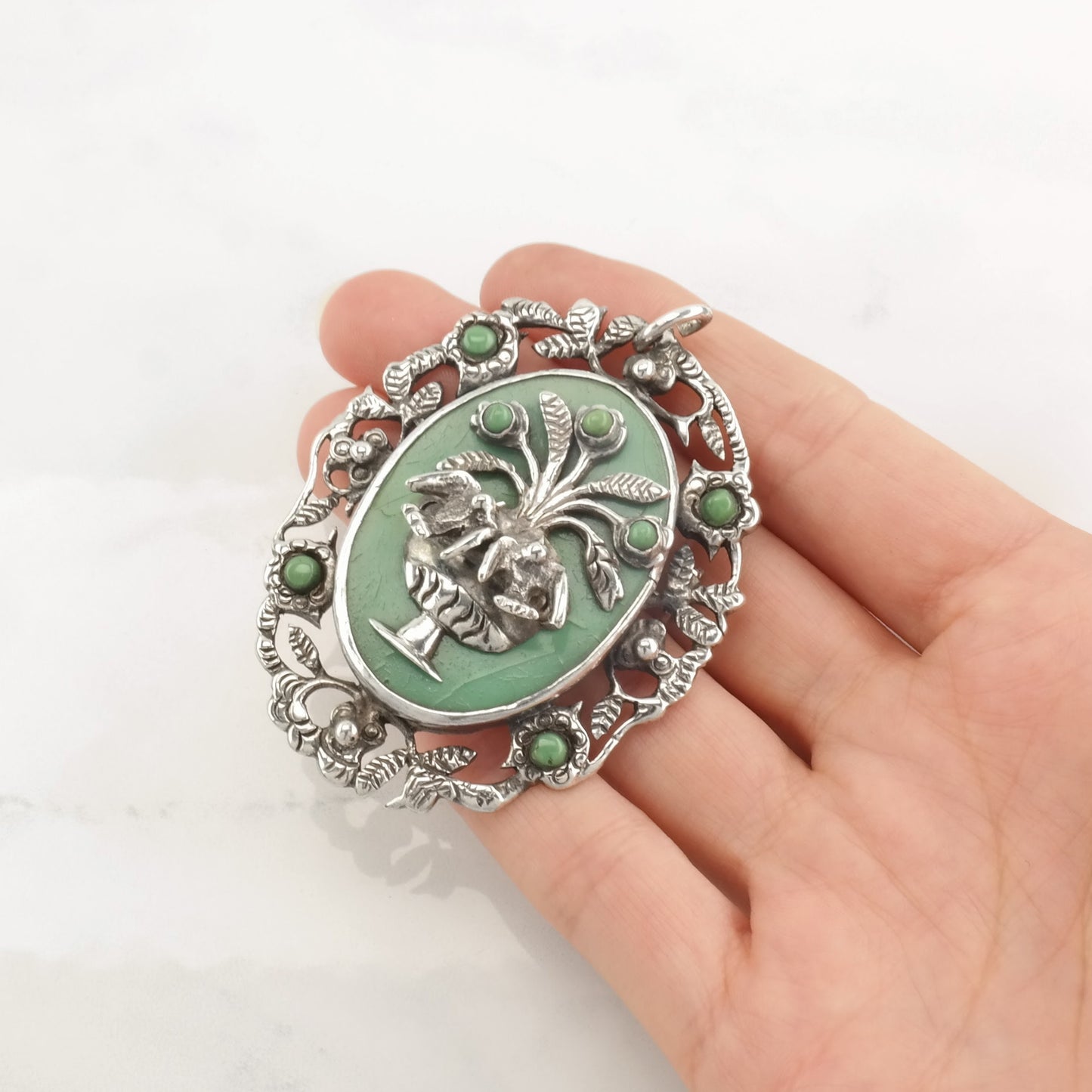 Pre Eagle Taxco Pendant Brooch Faux Turquoise Floral, Bird, Fountain Sterling Silver