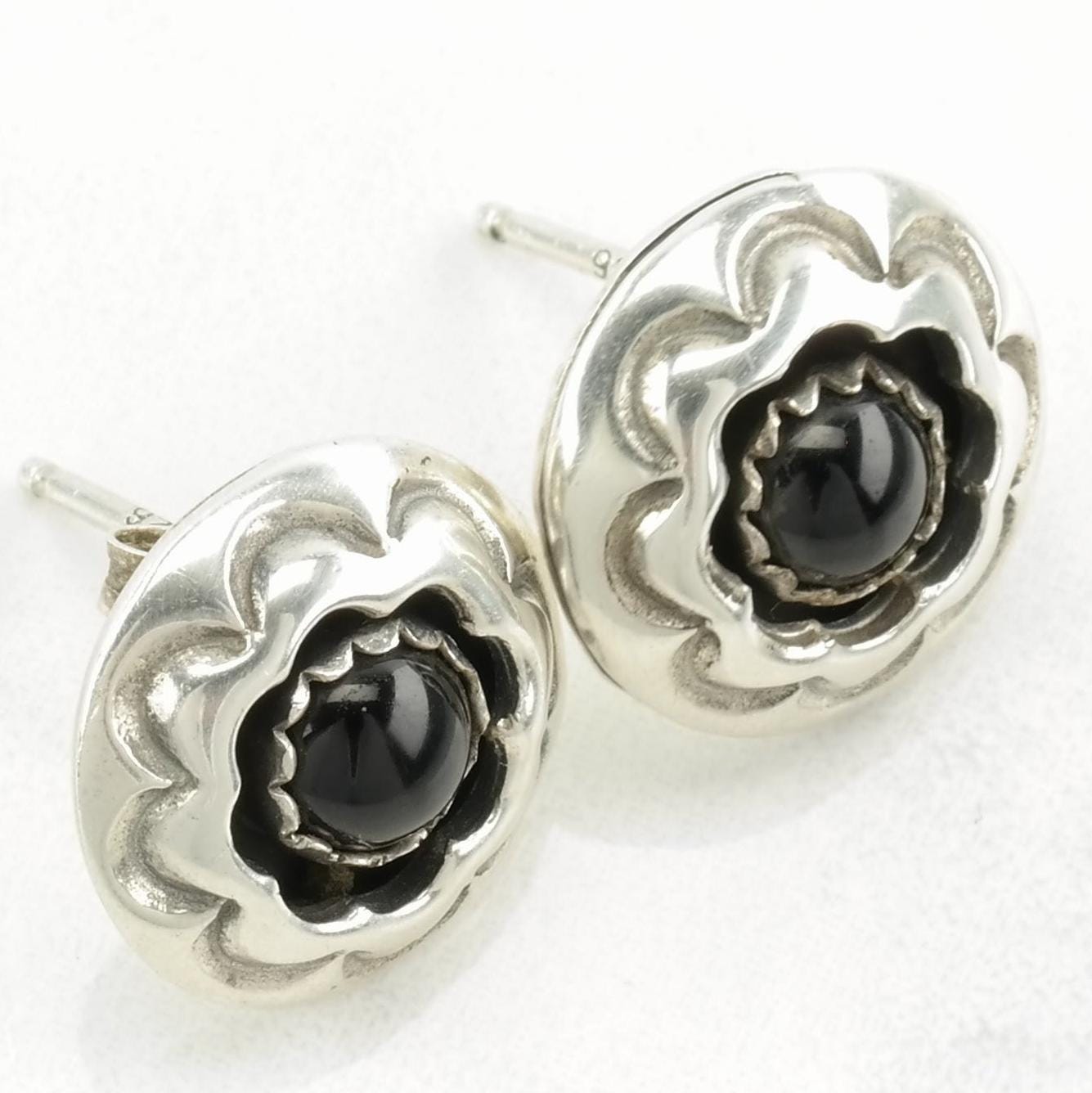 Southwest Sterling Silver Black Onyx Floral Earrings Stud