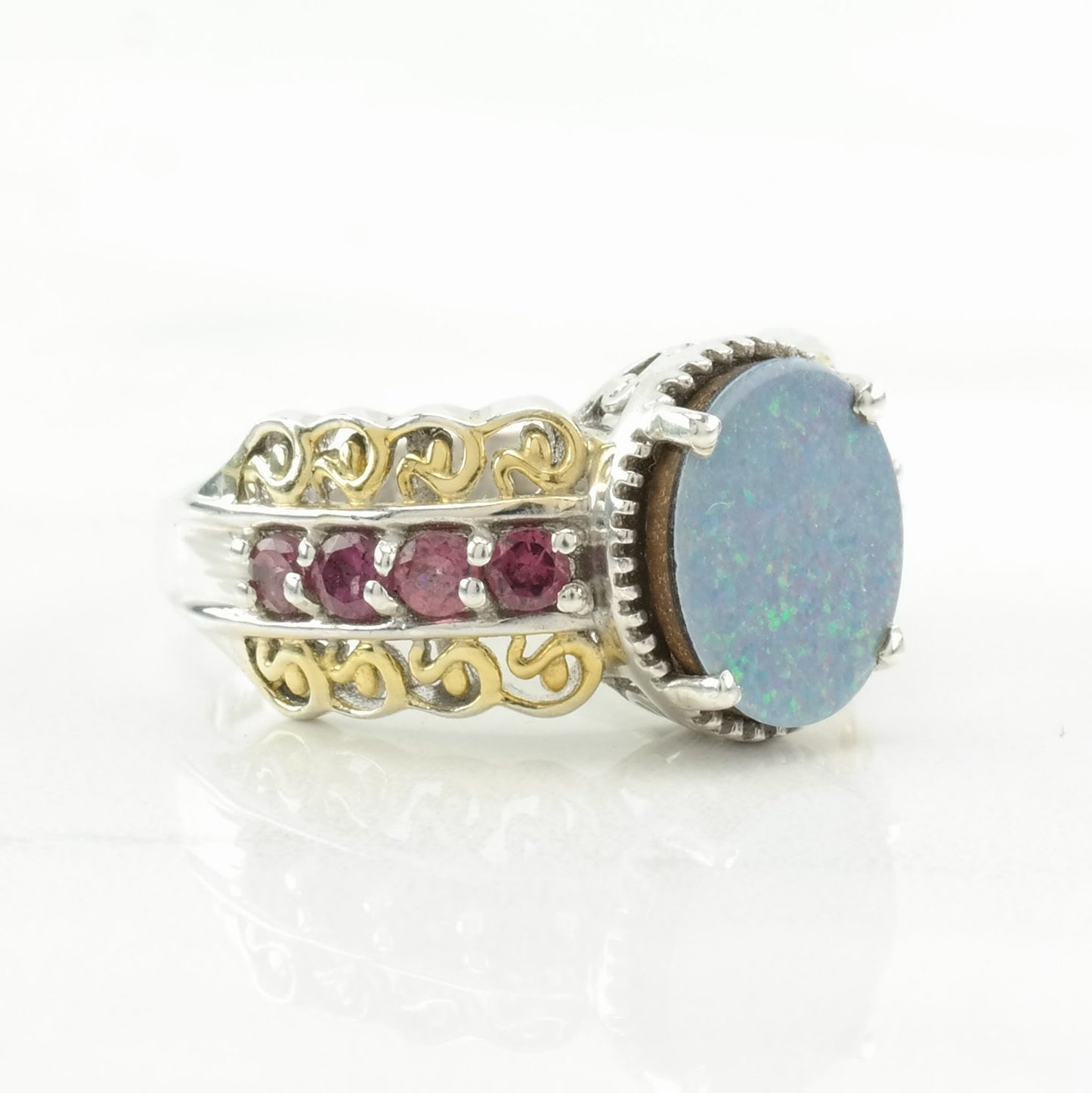 Vintage Sterling Silver Ring Opal Doublet, Pink Garnet Gold Hue Size 6