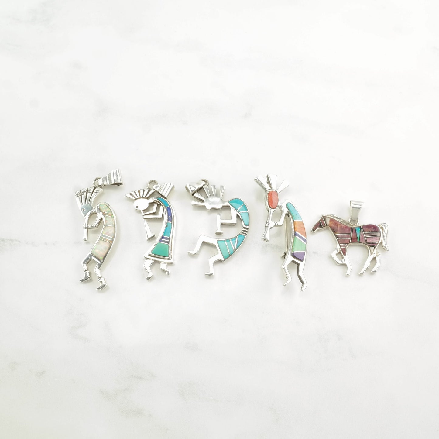 Vintage Turquoise, Opal, Shell Kokopelli Sterling Silver Pendants P2357B