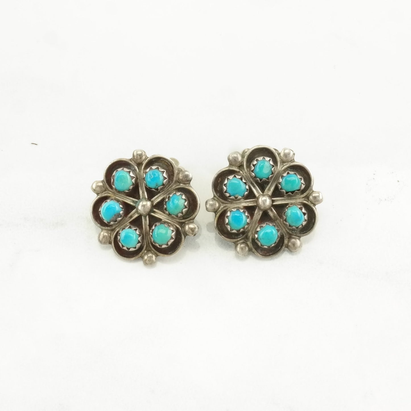 Vintage Sterling Silver Clip on Earrings Native American Blue Turquoise Needle Point, Floral