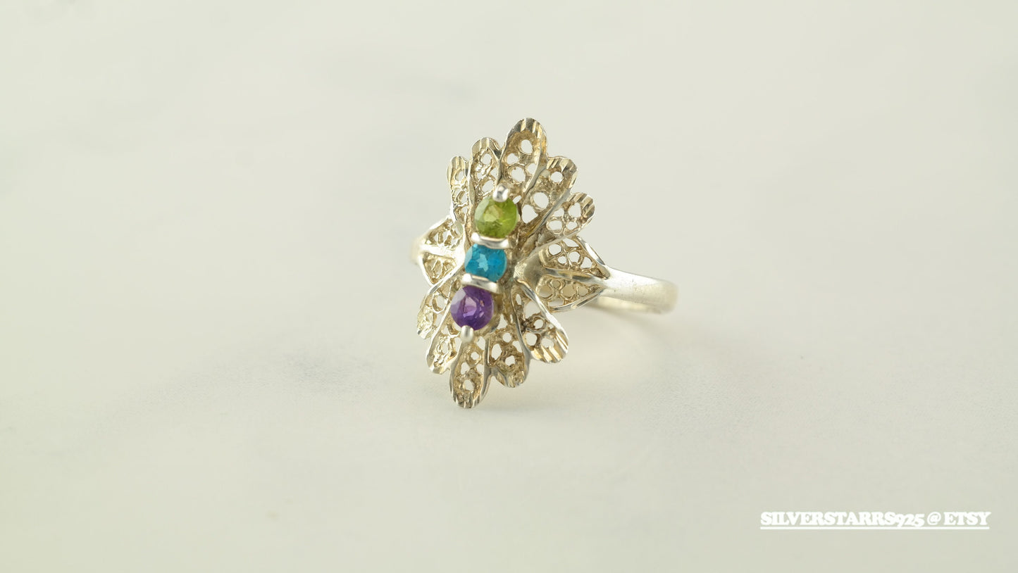 Multi-color Gemstone Silver Ring Size 8 Vintage Filigree Sterling