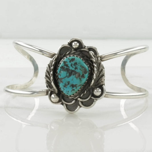 Southwest Sterling Silver Cuff Bracelet Blue Turquoise Leaf